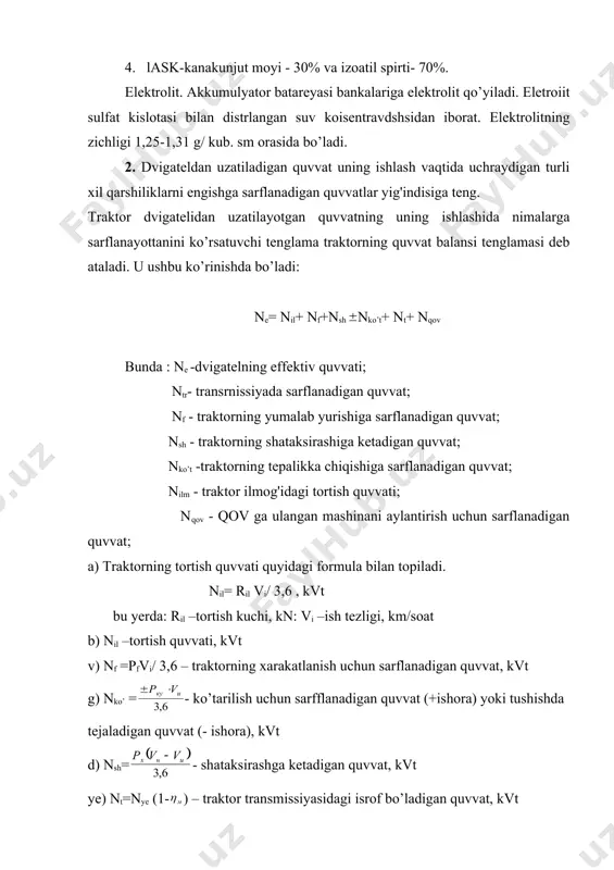 xarakatlantirish uchun traktorning qov orqali uzatiladigan quvvati 3. traktorning foydali ishlarni bajaripshda dvigateliing effektiv quvvatidan fondalanish darajasi traktorning umumny fik bilan baholanadi; u quyidagicha ifodalanadi: traktorning yoqilg'i tejamkorligi uning tortishdagi foydali ish koeffisientiga va tejamkorligiga bogliq. traktorning tortishdagi fik deb: - nisbatga aytiladi. agar bunda nkov=o bo’lsa, bo’ladi, koeffitsientning qiymati: zanjirli traktorlar uchun: o,65 - 0,75; galdirakli traktorlar uchun: =0,65 -0,80. bir kvt quvvat uchun bir soatda sarflanadigan yoqilg'i miqdori dvigatelning solishtirma sarfi deyiladi: , g kvt / soat traktorning tortishdagi yoqilg'i solishtirma sarfi: adabiyotlar: 1.shoumarova m., abdillayev t. qishloq xo’jaligi mashinalari. toshkent, o’qituvchi 2002y. 2.a.i. komilov, q.a. sharipov, n.t. umirov, i.m.marupov, r.t. rustamov traktor va avtomobillar. toshkent «talkin» -2003.(lotin alifbosida) 3.f.b.yevdokimov umumiy elektrotexnika t.o’qituvchi.1995. 4.n.i.vershagin i dr. organizasiya i texnologaya mexanizirovannыx rabot v rastenivodstve, ucheb, posb № irpo; izd.sentr «akademiya», 2000 5.e.oyxo’jayev, x.qo’shnazarov «qishloq xo’jalik ishlab chiqarishini mexanizasiyalash» toshkent «mehnat», 1988. _1291701815.unknown _1291706248.unknown _1291707465.unknown _1291707549.unknown _1291707756.unknown _1291707508.unknown _1291706351.unknown _1291702612.unknown …