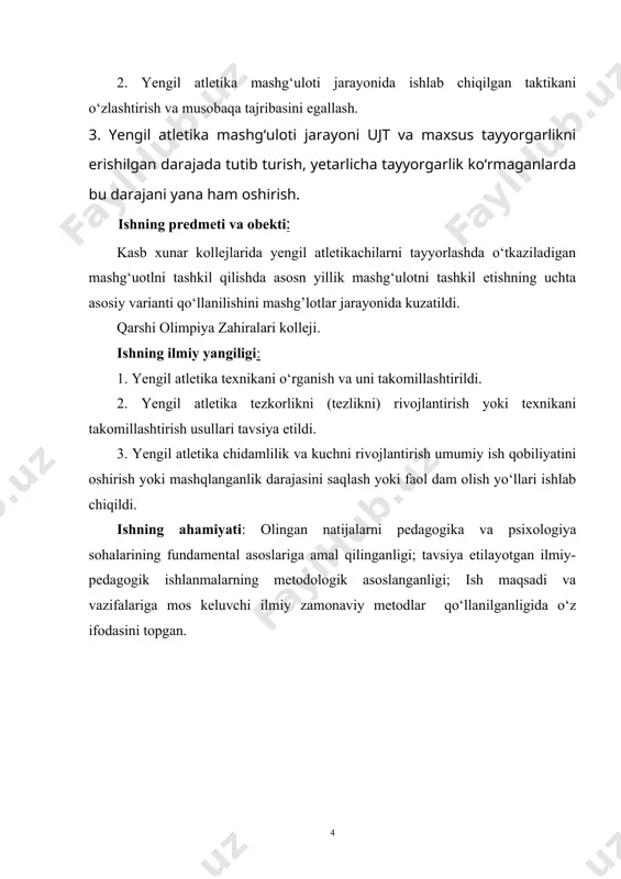 riant, eng avvalo, shuning uchun ham mavjudki, endi qish faslida yopiq inshootlarda mashg‘ulot о‘tkazish hamda musobaqalashish mumkin, bunday inshootlarning miqdori keyingi yillarda tobora ortib bormoqda. biroq yoz fasli ilgaridek eng muhim musobaqalarga boy davr, ular bu vaqtda qishdagidan ancha kо‘p bо‘ladi. bunday sharoitda ikkinchi siklning uzoqroq davom etishi о‘zini oqlaydi, yozda yengil atletikachilarning natijalariga, shunga muvofiq mashg‘ulotlar shiddatiga ham yuqori talablar qо‘yiladi. ikkinchi variant, ayniqsa, sprinterlar, baryerchilar, sakrovchilar va yadro itqituvchilar tomonidan keng qо‘llaniladi. bu vaqtda kо‘pincha faol dam olish ham kerak bо‘ladi. kelajakda barcha ixtisoslardagi yengil atletikachilar yillik mashg‘ulotning ikki siklli rejalashtirish usuliga о‘tadilar. ikki siklli rejalashtirishning asosiy afzalligi shundaki, yengil atletikachilarning tayyorgarligida siljishlar ancha sezilarli bо‘ladi, bunga yil davomidagi kо‘pdan-kо‘p musobaqalarda ishtirok etish, musobaqa natijalari bо‘yicha kuchli nazorat qilish, ikki davrli musobaqalar mobaynida yengil atletikachilarda yuzaga keladigan davomli hissiy fon yordamida erishiladi. shuni qayd etish kerakki, musobaqalar taqvimini ikki siklli qilib tashkil etish trenerlardan sportchilarning sport formasini boshqarishda …