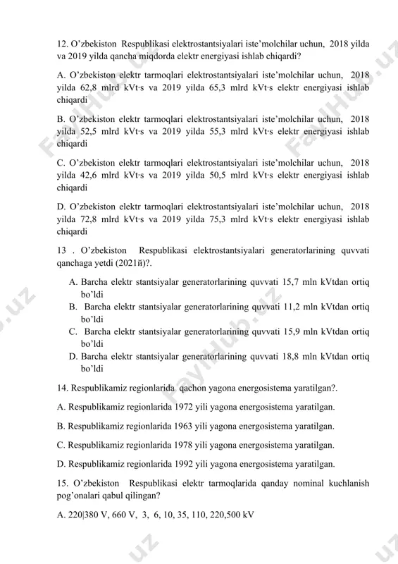 . c. respublikamiz regionlarida 1978 yili yagona energosistema yaratilgan. d. respublikamiz regionlarida 1992 yili yagona energosistema yaratilgan. 15. o’zbekiston respublikasi elektr tarmoqlarida qanday nominal kuchlanish pog’onalari qabul qilingan? a. 220|380 v, 660 v, 3, 6, 10, 35, 110, 220,500 kv b. 1, 6, 10, 20, 35, 110, 150, 220, 330 kv c. 6, 10, 35, 110, 220, 500, 750, 1000 kv d. 1, 3, 6, 10, 35, 110, 220 kv 16.radial tarmoqlar qanday bo’ladi? a.har bir iste’molch alohida tarmoqdan ta’minlanadi b.barcha iste’molch bitta tarmoqdan ta’minlanadi c.ikki ta’minot markaziga ega bo’ladi d. har bir iste’molch bir necha tarmoqdan ta’minlanadi 17. magistral tarmoqlar qanday bo’ladi? a. barcha iste’molch bitta tarmoqdan ta’minlanadi b. ikki ta’minot markaziga ega bo’ladi c. har bir iste’molch bir necha tarmoqdan ta’minlanadi d. har bir iste’molch alohida tarmoqdan ta’minlanadi 18. uch fazali elektr tarmoqlarning qanday neytrallik rejimlari qo’llaniladi? a. uch fazali elektr tarmoqlarning (neytrali) nol nuqtasi yerga chuqur ko’milishi, …