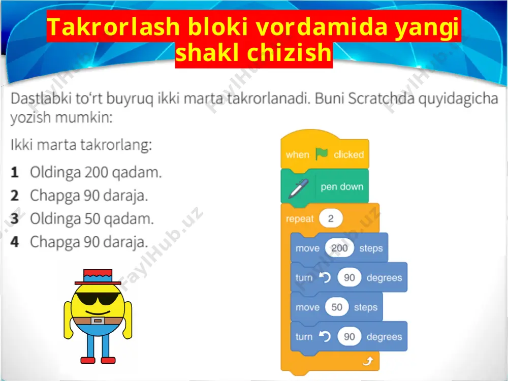 scratch dasturida takrorlash bloki yordamida yangi shakl chizish - Page 4