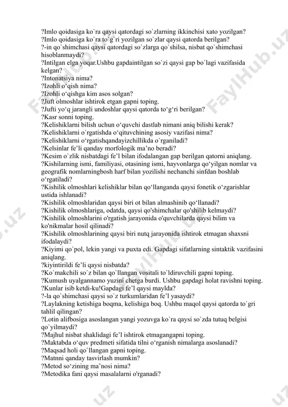 ning oldida bir tup o'rik oppoq bo‘lib gulladi. ushbu misralarda nechta yasama so`z bor? ?ega qatnashgan gapni aniqlang. ?egalik qo`shimchalarining qaysi biri birlik va ko`plik uchun umumiy? ?egalik qo‘shimchalarini o‘rgatishda qaysi imlo qoidalar ham o‘rgatiladi? ?endig‘alaba bizniki, do‘stim! gapning kesimi qaysi so`z turkumi bilan ifodalangan? ?faqat nisbiy sifatlar berilgan javobni belgilang. ?faqat ravishlar berilgan qatorni aniqlang. ?fe’l asosi hech qanday ko`rsatkichlarsiz qo`llansa, u qaysi mayldagi fe’l bo`ladi? ?fe’l yasovchi qo`shimchalar qaysi qatorda berilgan? ?fe’l yasovchi qo`shimchalarni aniqlang. ?fe’l-kesim qaysi shaxsda ega bilan hamma vaqt ham sonda moslashmaydi? ?fe’lning shaxs va sonda tuslanganini bildiruvchi qo`shimchalar qo`shimchalarning vazifasiga ko`ra qaysi turiga mansub bo`ladi? ?fonetik bilimlarning ahamiyati qaysi qatorda to`g`ri javob berilgan? ?fonetikaning sintaksis bilan bog‘lnishi nimada ko‘rinadi? ?gap, uning ifoda maqsadiga ko‘ra turlari;gap bo‘laklari: bosh va ikkinchi darajali bo‘laklar; gapda so‘zlarning bog‘lanishi haqidagi bilimlar ona tili fani dasturining qaysi bo`limida berilgan? ?gapda nechanchi? so`rog`iga javob bo`lgan so`z, odatda, qanday gap bo`lagi vazifasida …