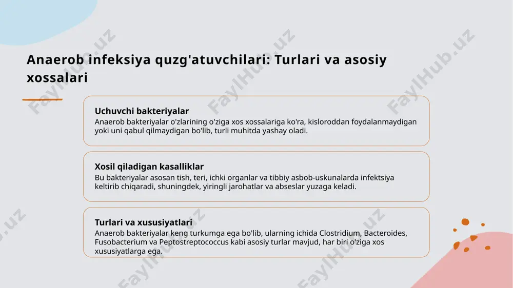 arni o'stirish va aniqlash mumkin, bu usullar yuqish usullarini tushunish va profilaktik chora-tadbirlar uchun muhimdir. teri va tanosil kasalliklarining aniqlashida zamonaviy laborator texnologiyalarining o'rni 1 hozirgi texnologiyalar zamonaviy laborator texnologiyalari yordamida teri va tanosil kasalliklarini aniqlash aniq va tez amalga oshiriladi, bu esa davolash jarayonini optimallashtiradi. 2 genetik tahlil usullari pcr va genetik diagnostika texnologiyalari bilan kasalliklar sababchi patogenlarning genetik xususiyatlari aniqlanib, aniq tashxis qilish imkoniyati oshadi. 3 immunoassay texnologiyalari enzimli immunoassay va serologik testlar yordamida kasalliklarning klinik belgilari va qoldiqlari aniqlanib, diagnostika jarayonida muhim rol o'ynaydi. zaxm suzak va xlamidozning patogenetik xususiyatlari va ularning organizmga ta'siri 01 zaxm suzakning patogenetikasi zaxm suzakning asosiy patogenetik xususiyati uning organizmga kirib, yallig’lanish va o’sishni qo’zg’atishi, shuningdek, hujayralar va to’qimalarga zarar yetkazishi bilan bog’liq. 02 xlamidozning ta’siri xlamidoz infektsiyasi organizmda ichki va tashqi tizimlarga ta’sir qilib, yallig’lanish va o’sishni kuchaytiradi, shuningdek, reproduktiv va immunitet tizimini buzadi. 03 ularning organizmga ta’siri bu kasalliklar organizmda …
