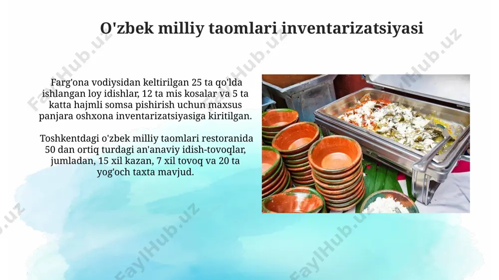 adi, shu sababli mobil ilovalar va veb-sayt orqali tezkor yetkazib berish xizmatini taklif etamiz. mijozlarning fikr-mulohazalarini o'rganish uchun 10 balldan iborat baholash tizimini joriy qildik, bu esa bizga xizmat sifatini 15% ga yaxshilashga yordam berdi. oshpazlik jihozlarini tanlash va joylashtirish plov tayyorlash uchun katta sig'imli (50 litr va undan ortiq) qozonlarni oshxonaning markaziy qismiga, non pishirish uchun pechlarni esa devor yoniga joylashtirish maqsadga muvofiqdir. oshxonaning 15 kvadrat metr maydonini samarali ishlatish uchun, ishlatiladigan jihozlarni funksiyasi bo'yicha guruhlash va har bir ish joyiga 2-3 metr ishchi maydon ajratish kerak. marketing va reklama samarqand va buxoro shaharlarida o'tkaziladigan sayyohlik festivallarida milliy taomlarni namoyish qilish va 1000 dan ortiq taom namunalarini taqdim etish orqali brend xabardorligini oshirish mumkin. instagram va facebook kabi ijtimoiy tarmoqlarda 3 oylik maqsadli reklama kampaniyasini o'tkazish orqali 15000 dan ortiq yangi obunachini jalb qilish va sotuvlarni 10% ga oshirishga erishish mumkin. e'tiboringiz uchun rahmat @taqdimot_robot image2.jpg image3.jpg image4.jpg image5.jpg …