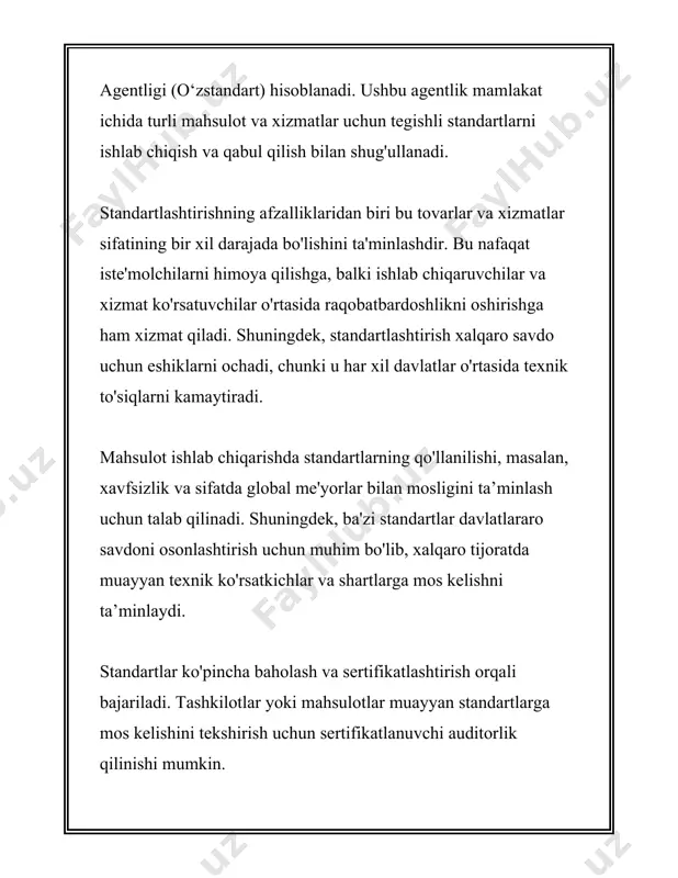 andartlashtirish nafaqat milliy, balki global miqyosda ham muhim rol o'ynaydi va ko'pchilik uchun diqqatga sazovor ahamiyat kasb etadi. 3. milliy standartlar 3. milliy standartlar (milliy standartlar tizimi) haqida ma'lumotlar: milliy standartlar deganda, biror davlat yoki mintaqada ishlab chiqarilgan mahsulotlar, xizmatlar va jarayonlar uchun belgilangan texnik talablar, me'yorlar va qoidalar tushuniladi. milliy standartlar mahsulotlarning xavfsizligi, sifatini oshirish, xalqaro raqobatbardoshligini ta'minlash maqsadida ishlab chiqiladi. standartlarni ishlab chiqish va amalga oshirish uchun mas'uliyatli tashkilotlar mavjud, masalan, o'zbekiston standartlashtirish, metrologiya va sertifikatlashtirish agentligi (o'zstandart), rossiyada esa "rosstandart". milliy standartlarning asosiy vazifalari quyidagilar: 1. mahsulot xavfsizligi va sifatini ta'minlash: standartlar mahsulot va xizmatlarning minimal xavfsizligi va sifat talablariga javob berishini kafolatlaydi. 2. qo'llashning umumiyligi: standartlar orqali mahsulotlar va xizmatlarning bir xil sifatga ega bo'lishi ta'minlanadi, bu ham iste'molchilar, ham ishlab chiqaruvchilar uchun qulaylik yaratadi. 3. innovatsiyalarni rivojlantirish: yangi texnologiyalarni va mahsulotlarni ishlab chiqish uchun standartlar istiqbollik va innovatsion qarorlarni qo'llab-quvvatlash funksiyasini bajaradi. 4. xalqaro savdoni …