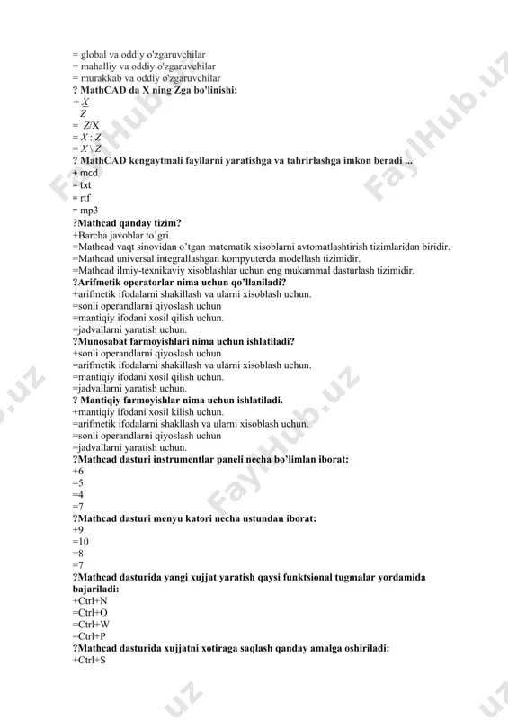 zgartirish paneli =dekart koordinatalar sistemasida nuqtaning koordinatalarini aniqlash paneli ? nimani bajaradi? +dekart koordinatalar sistemasida ikki ulchovli grafiklar qurish; =dekart koordinatalar sistemasida grafiklarni masshtabini o’zgartirish; =dekart koordinatalar sistemasida nuqtaning koordinatalarini aniqlash; =qutb koordinatalar sistemasida grafiklar qurish; ? qanday buyruq? +dekart koordinatalar sistemasida grafiklarni masshtabini uzgartirish; =dekart koordinatalar sistemasida nuktaning koordinatalarini aniqlash; =qutb koordinatalar sistemasida grafiklar qurish; =dekart koordinatalar sistemasida uch o’lchovli grafik qurish; ? qanday buyruq? + dekart koordinatalar sistemasida nuqtaning koordinatalarini aniqlash; = qutb koordinatalar sistemasida grafiklar qurish; = dekart koordinatalar sistemasida uch o’lchovli grafik qurish; = sath, chiziqlarini chizish; ? qanday vazifani bajaradi? +qutb koordinatalar sistemasida grafiklar qurish; =dekart koordinatalar sistemasida uch o’lchovli grafik qurish; =satх, chiziqlarini chizish; =uch o’lchovli gistogramma qurish; ? qanday buyruq? + dekart koordinatalar sistemasida uch o’lchovli grafik qurish; = sath chiziqlarini chizish; = uch o’lchovli gistogramma ko’rish; = uch o’lchovli nuqtali diagramma yasash; ? qanday vazifaga ega? +satx, chiziqlarini chizish; = uch o’lchovli …