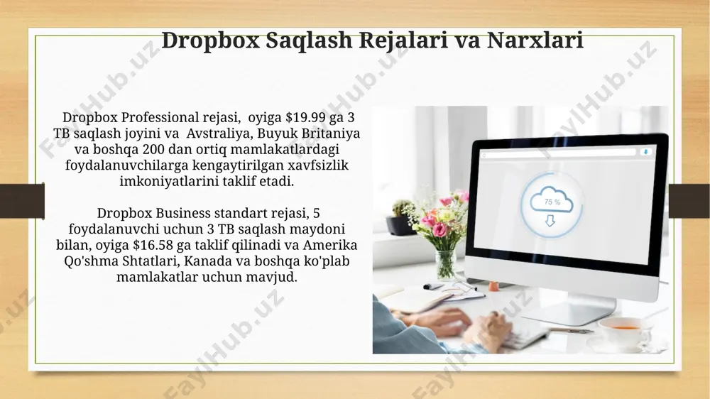 ni himoya qilish uchun 3 ta asosiy tamoyillarga asoslanadi va foydalanuvchilarga o'z ma'lumotlarini boshqarish usullarini beradi. dropbox api va dasturlash imkoniyatlari dropbox api, 40 dan ortiq mamlakatdagi ishlab chiquvchilarga fayllarni boshqarish, sinxronlash va almashish uchun 100 dan ziyod funksiyalarni taqdim etadi, bu esa global miqyosdagi ilovalar yaratish imkonini beradi. dropbox platformasi, javascript, python va java kabi 30 dan ortiq dasturlash tillarini qo'llab-quvvatlaydi, bu esa ishlab chiquvchilarga o'z afzal ko'rgan tillaridan foydalanib integratsiyalar yaratish imkoniyatini beradi. dropbox kelajak rejalari va yangilanishlari yangilanishlar doirasida, dropbox 10 tb gacha bo'lgan fayllarni saqlash imkoniyatini kengaytiradi va sun'iy intellekt yordamida fayllarni avtomatik tartibga solish va qidiruv tizimini takomillashtirish bo'yicha 3 ta yangi algoritmni joriy etadi. dropbox kelajak rejalari orasida 2024 yilga kelib, jahon boʻylab 500 million foydalanuvchiga yetkazish va bulutli xizmatlarning tezligini 20% ga oshirish, shuningdek, aqsh va yevropa bozorlariga yangi xususiyatlarni joriy etish kabi maqsadlar bor. dropbox qidiruv va filtrlash xususiyatlari dropbox’ning qidiruv tizimi …