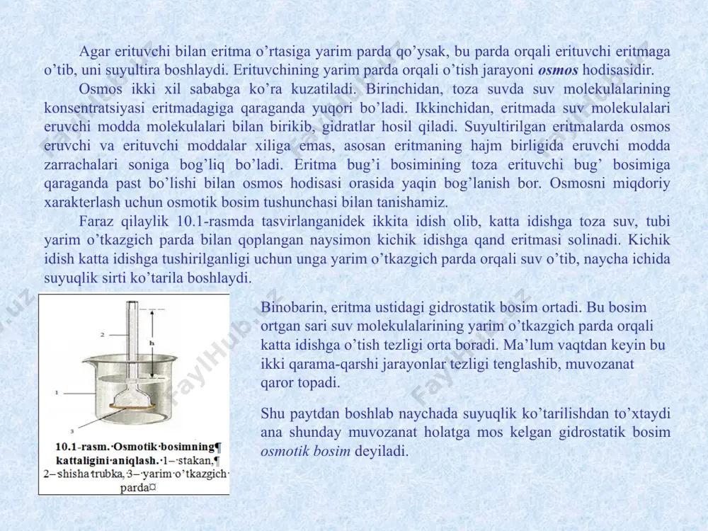 haroratning ortishi bilan ularning eruvchanligi ortadi tuzlarning suvda eruvchanligiga temperaturaning ta’siri gazlarning suvda eruvchanligiga temperaturaning ta’siri * 7 suyuqlik bilan muvozanatdagi bug’ning o’zgarmas haroratdagi bosimi suyuqlikning bug’ bosimi deyiladi. suyuqlikning bug’ bosimi bilan tashqi atmosfera bosimi tenglashsa suyuqlik qaynaydi. toza erituvchining bug’ bosimidan eritmaning bug’ bosimi doimo past bo’ladi. fransuz olimi raul 1887 yilda ko’p tajribalar o’tkazib, noelektrolit moddalarning suyultirilgan ertmalari uchun quyidagi qonunni ta’rifladi: noelektrolit moddalarning suyultirilgan eritmalarida bug’ bosimining pasayishi o’zgarmas temperaturada ma’lum miqdordagi erituvchida erigan moddaning massasiga to’g’ri proporsional bo’lib, erigan modda turiga va tabiatiga bog’liq emas bu raulning i tonometrik qonuni bo’lib, uning matematik ifodasi quyidagicha: bunda n1-erituvchining mol sonlari, n2-erigan moddaning mol sonlari. suyultirilgan eritmada n1 ga nisbatan n2 kichik bo’lgani uchun raul qonuni quyidagi ko’rinishda ham yoziladi: 6.2.3. eritmaning bug’ bosimi. raul qonunlari * 7 eritma va toza erituvchining qaynash temperaturalari orasidagi farqni aniqlash asosida raulning ii-(ebulioskopik va krioskopik) qonuni kelib chiqadi. qonun quyidagicha …