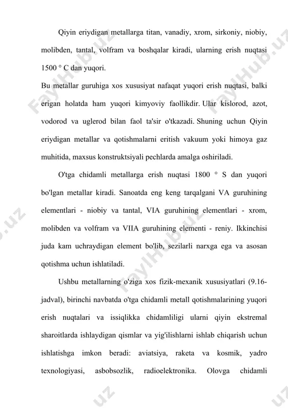 titan karbid qatlami hosil bo'ladi. bu holat titanning uglerod bilan to'yinganligini keskin kamaytiradi. odatda, grafit tigelda erish paytida titanning karburizatsiyasi 0,7-0,8% ga etadi. titanning induksion pechlarda erishi nisbatan kam energiya sarfini (1,25 kvt/kg) talab qiladi. bundan tashqari, hurda (chiqindilar) induksion pechlarda eritilishi mumkin. biroq, eritmaning uglerod bilan ifloslanishi tufayli indüksiyon pechlari eng ko'p qo'llaniladi. yuqori chastotali induksion pechlarda eritish toza argon (99,8%) atmosferasida amalga oshiriladi. zaryadlovchi materiallar titanga quyiladi, agar quyish pastki qismdan amalga oshirilsa, avval bu drenaj teshigiga titanium vilka o'rnatilgan. keyin pech yopiladi, havo 1•10ˉ²mm hg qoldiq bosimga chiqariladi. art. shundan so'ng, kuchlanish qo'llaniladi va zaryad eritiladi. tsirkoniy va uning qotishmalarining erishi. sanoat miqyosida tsirkoniy va uning qotishmalaridan quyma va shaklli mahsulotlar ishlab chiqarish 1953 yilda boshlangan. hozirgi vaqtda og'irligi 2,0 t gacha bo'lgan quymalarni eritish va quyish texnologiyasi o'zlashtirildi.bu texnologiya avval ko'rib chiqilgan titanni eritish texnologiyasi bilan umumiy jihatlarga ega.zirkonyum qotishmalarini eritish induksion va kamon pechlarida amalga …
