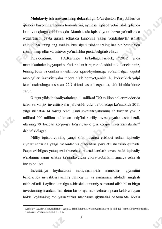 imiz bitiruv malakaviy ishimizning dolzarbliligini belgilab beradi. malakaviy ishning maqsadi va vazifalari. iqtisodiyotni modernizatsiyalash sharoitida investitsiya loyihalarini moliyalashtirish manbalari qiymatini baholashdagi holatini o’rganish va jahon tajribasidan kelib chiqqan holda investitsiya loyihalari moliyalashtirish manbalari va xususiyatlarini qo’llash yuzasidan taklif- tavsiyalar ishlab chiqish bitiruv malakaviy ishning maqsadi hisoblanadi. ushbu maqsaddan kelib chiqqan holda quyidagi vazifalar qo’yildi: -investitsion loyihalarni moliyalashtirish manbalari va ularning xususiyatlarini rivojlantirishni ochib berish; · investitsiya loyihalari moliyalashtirish manbalari qiymatini baholashning ob’ektiv zaruratini asoslash; · investitsiya loyihalarini moliyalashtirish manbalari qiymatini baholashni ochib berish; · investitsiya loyihalarini moliyaviy va iqtisodiy samaradorligini moliyalashtirish manbalari va xususiyatlariga asoslangan holda baholash; · investitsiya loyihalarini moliyalashtirish manbalari qiymatini baholashni takomillashtirish bo’yicha taklif-tavsiyalar ishlab chiqishdan iboratdir. bitiruv malakaviy ishning ob’ekti va predmeti. iqtisodiyotimizning turli tarmoqlarida amalga oshirilayotgan investitsiya loyihalari va ularni moliyalashtirish manbalari va xususiyatlarini taminlashning asosiy mezonlari hamda baholash tizimi hisoblanadi. bitiruv malakaviy ishining nazariy-amaliy ahamiyati. ishning nazariy ahamiyati shundaki, undagi g’oyalar, taklif-tavsiyalardan investitsiya loyihalarini …