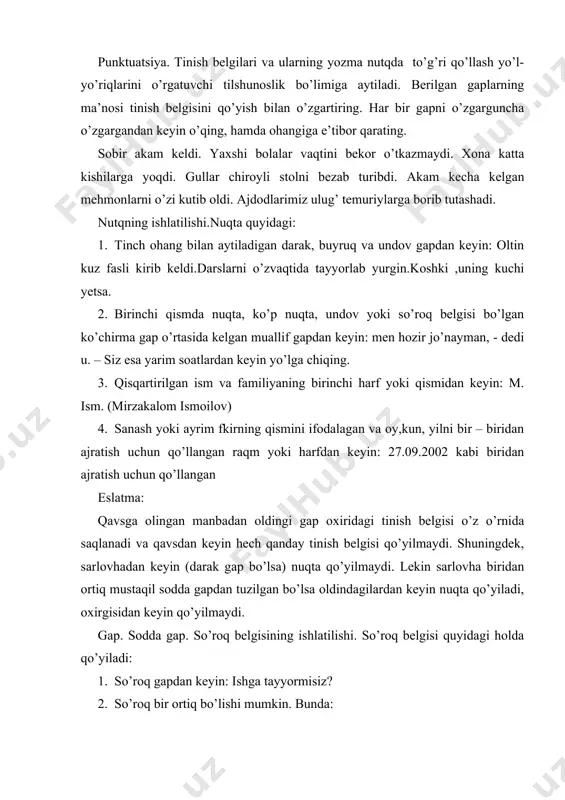 ’roq gap mazmuniy umumiy bir fikrni ifodalasa va qo’shma gap tarzida bo’lsa, eng so’nggi so’roq gapdan keyin qo’yiladi: kim kelyapti: sarvimi, rahbarmi yo akangning bolalarini yetaklab kelyaptilarmi? 3. gap darak gap bo’lib undagi biror so’z yoki ibora noaniq bo’lsa va gumon ifodalansa, undan keyin so’roq belgisi qo’yiladi: bu ishning hammasidan yarim soat (?) ichida bajarar ekanmiz. eslatma. bazan qo’shma gap tarkibidagi sodda gapning oldingisi so’roq qolgani esa uning izohi sifatida kelishi mumkin bunday holda ular orasiga yoki tire qo’yilishi mumkin lekin qo’shma gapning qismi vergul yoki tire bilan ajratish shart bo’lganligi tufayli so’roq belgisi qo’yilmaydi. u ertaga keladimi, kelmaydimi, bu men uchun qorong’u. undov belgisining ishlatilishi. undov belgisi quyidagi hollarda ishlatiladi. 1. his-hayajon ifodalangan gapdan keyin: yoshligimizda naqadar baxtiyor edik. 2. buyurish, tilak orzu ma’nosini ifodalagan gapdan keyin: hoziroq bularni ko’zimdan yo’qoting! qani endi quyosh kabi osmonda parvoz qilsa! 3. gap boshida kelib, kuchli his-hayajon ifodalangan undalma, undov hamda ha …