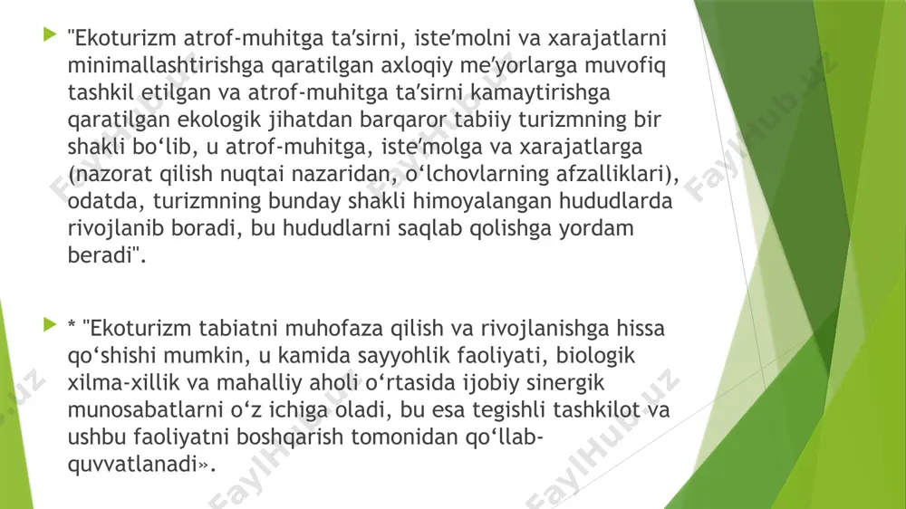urilgan bo‘lib, u yerdan hududning go‘zal ko‘rinishini tomosha qilishingiz mumkin. “valiko plyus” ekoturizm fermasi, xivadan atigi 12 km uzoqlikda joylashgan. ekoturizm yo‘nalishlari fermaning 700 gektarlik tepaliklari bo‘ylab tashkil etilgan. 16 gektar maydonda baliqli yetishtiriladigan ko‘l mavjud. sayyohlar baliq ovlashlari va yangi tutilgan baliqlardan milliy baliq taomlari tayyorlanishini kuzatishlari mu «qalajiqqal’a oasis ecoturism» ekoturistik fermasi, bog‘ot tumanining xo‘jat qishlog‘ida joylashgan. bu yerda, «kaladjik oromgoxi» sanatoriysi joylashgan, ko‘chatzor yaratilgan, qum tepaliklari va 114 gektarlik ishlatilmaydigan yerlar bo'ylab qo‘shimcha eko yo‘nalishlar ochilmoqda qalajiqqal’a ko’li o‘zbekistonning yana bir milliy g‘ururi - yaqinlarda “o‘zbek shveytsariyasi” nomini olgan mamlakatning asosiy kurorti - zomin milliy tabiat parkidir. bu hudud azaldan o‘ziga xos tabiati va shifobaxsh havosi bilan mashhur. maydoni 25 gektardan ortiq bo‘lgan bu milliy park, jizzax viloyatining zomin tumanidagi turkiston tog‘ tizmasining shimolida joylashgan. park, birinchi bo‘lib xix asrning 60-yillarida rus olimi va biologi a.p.fedchenko tomonidan o‘rganilgan. 1960 yilda esa va noyob archa o‘rmonlari va ularning …