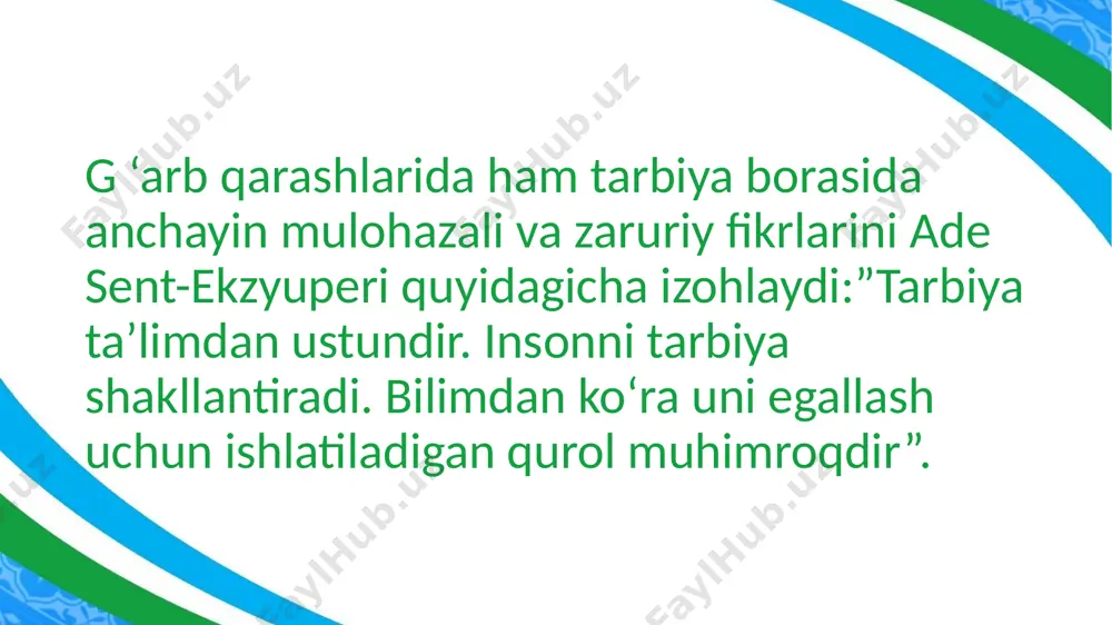 taalluqli bo‘lib, psixologik jihatdan taraqqiy etgan, shaxsiy xususiyatlari va xatti-harakatlari bilan boshqalardan ajralib turuvchi, muayyan xulq-atvor va dunyoqarashga ega bo‘lgan jamiyatning a’zosini ifodalashga xizmat qiladi; odam shaxs bo‘lishi uchun ruhiy jihatdan rivojlanishi, o‘zini yaxlit inson sifatida his etishi, o‘z xususiyatlari va sifatlari bilan boshqalardan farq qilmog‘i kerak; shokirov ismoiljon shokirov ismoiljon this presentation uses a free template provided by fppt;com www;free-power-point-templates;com individ go’dak bola o’smir o’spirin katta odam shaxs go’daklik davri — chaqaloqlik (1 oy) davri tugagandan to bir yoshgacha bo‘lgan davr; bog‘chagacha bo’lgan yosh davri — 1 yoshdan 3 yoshgacha; maktabgacha bo’lgan yosh davri — 3 yoshdan 7 yoshgacha; kichik maktab yoshidagi o‘quvchilar ( bolalar)—7 yoshdan 11,12 yoshgacha; o’rta maktab yoshidagi o‘quvchilar (o'smirlar) — 14—15 yosh; katta yoshdagi maktab o‘quvchilari (o‘spirinlar) — 16—18 yosh; shokirov ismoiljon tarbiyaning umumiy usullari ijtimoiy ongni shakllantirish usuli; ijtimoiy axloqni shakllantirish usuli; rag’batlantirish usuli; o’z-o’zini tarbiyalash; shokirov ismoiljon this presentation uses a free template …