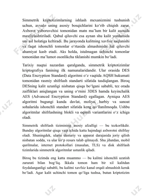 lar maxfiyligi, yaxlitligi va autentifikatsiyasini ta’minlashda muhim rol o‘ynaydi. assimetrik kriptotizimlarning amalda qo‘llanilishi ko‘p qirrali. masalan, rsa (rivest–shamir–adleman) algoritmi ushbu yondashuv asosida ishlovchi eng mashhur usullardan biridir. u 1977-yilda ixtiro qilingan va bugungi kunda ham ko‘plab axborot tizimlarida keng foydalanilmoqda. shuningdek, elgamal, ecc (elliptic curve cryptography) va dsa (digital signature algorithm) algoritmlari ham yuqori darajadagi xavfsizlikni ta’minlaydi va turli sohalarda qo‘llaniladi. bunday tizimlarning muhim afzalligi shundaki, ular kalit almashinuvi muammosini simmetrik tizimlarga qaraganda ancha samarali hal qiladi. masalan, foydalanuvchi o‘zining ochiq kalitini boshqa foydalanuvchilarga bemalol taqdim etadi, lekin yopiq kalit faqat o‘zida saqlanadi. bu esa axborot almashinuvida xavfsizlikni yuqori darajada saqlash imkonini beradi. ayniqsa, ochiq tarmoqlarda — internetda yoki elektron pochta orqali kalit uzatish holatlarida bu usulning samaradorligi yaqqol seziladi. biroq assimetrik tizimlar ba’zi kamchiliklarga ham ega. avvalo, ularning hisoblash murakkabligi yuqori, ya’ni bunday algoritmlar ko‘proq protsessor quvvatini va vaqtni talab qiladi. shu sababli katta hajmdagi axborotni to‘g‘ridan-to‘g‘ri assimetrik usulda …