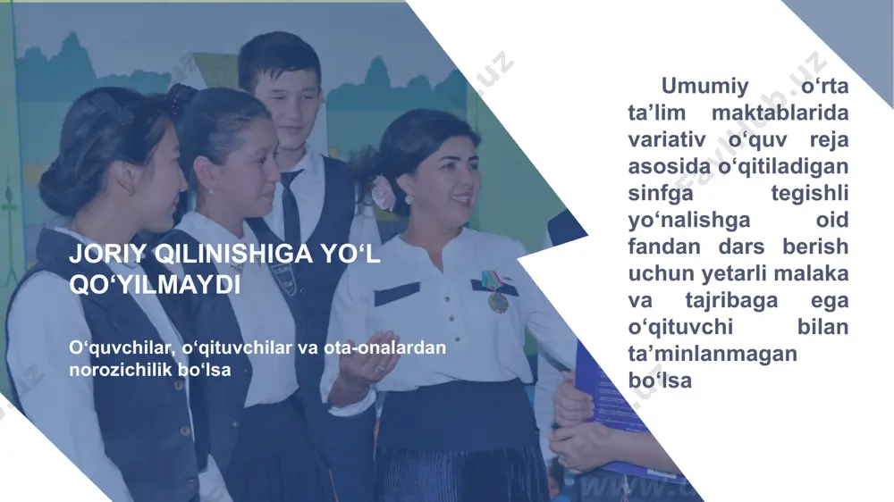 yo‘nalishida: 10-11-sinflarda 9 ta fan o‘qitiladi boshlang‘ch ta’lim yo‘nalishida: 10-11-sinflarda 9 ta fan o‘qitiladi kimyo-texnologiyalar yo‘nalishida: 10-11-sinflarda 10 ta fan o‘qitiladi geografiya va geologiya yo‘nalishida: 10-11-sinflarda 10 ta fan o‘qitiladi maktabgacha ta’lim va psixologiya yo‘nalishida: 10-11-sinflarda 10 ta fan o‘qitiladi tarix va arxeologiya yo‘nalishida: 10-11-sinflarda 10 ta fan o‘qitiladi 1. variativ o‘quv rejalarni barcha umumiy o‘rta ta’lim maktablariga yetkazish 2. tavsiya etilgan yo‘nalishlar bo‘yicha variativ o‘quv reja asosida o‘qitiladigan sinflarni shakllantirishda o‘quvchilar va ota-onalarning xohishlari hamda maktabdagi o‘qituvchilarning salohiyatini inobatga olish 3. variativ o‘quv rejani joriy etish, tanlov fanlarini belgilash va sinflarni shakllantirishda maktablardagi kuzatuv kengashi orqali muntazam jamoatchilik nazoratini o‘rnatish; 5. 2020-yil 1-oktabrgacha variativ o‘quv rejani tajriba-sinovdan o‘tkazish bo‘yicha umumiy o‘rta ta’lim maktablari ro‘yxatini shakllantirish 6. umumiy o‘rta ta’lim maktablarida variativ o‘quv rejalarini tajriba-sinovdan o‘tkazish ishlarini tashkil etish va ularga uslubiy yordam ko‘rsatish 7. tajriba-sinov ishlari to‘g‘risida har chorak yakunida ma’lumot taqdim etib borish vazifalar 4. tajriba-sinov joriy etilgan …