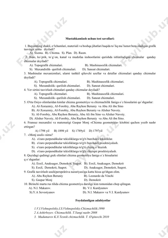 zda mavjud olamdagi narsalarni o`rganish vositalaridan biri hisoblanadi.narsalarni tasvirlash kishilarda juda qadimdan paydo bo‘lgan. chizmalarning rivojlanishi tasvirlar chizishdan boshlangan bo‘lib, kishi hali yozishni bilmagan holda, o‘zlari ko‘rgan narsalarning tasvirini qoyalar, tog‘ devorlarga va boshqa joylarga o‘yib ishlaganlar. ana shu oddiy “iyeroglif” yozuvlarni tasvirlash asosida birinchi marta harflar kelib chiqqan. bunday tasvirlar xitoy, misr, o‘rta osiyo va boshqa joylarda ko‘p uchraydi. bu kabi grafik usulda, ya’ni tekislikda shartli belgilarni tasvirlash va undan foydalanish g‘oyalari insoniyat rivojlanishida ko‘p asrlik tarixga ega. qadimgi sharq mamlakatlari, shu jumladan, o`rta osiyo shaharlaridagi noyob arxetektira (me`morchilik) yodgorliklarini, inshootlarini qadimgi me`morlar o`ziga xos chizmalardan foydalanib qurishgan.daslab chizmalar qurilish olib boriladiganyerning o`zida chizilgan, keyinchalik ularni tosh va spol plitalarga chizadigan bo`lishgan. fazoviy shakllarni tekislikda tasvirlash, ularni amalda tadbiq qilish nazariyasini rivojlantirishda bir qancha olimlar ish olib bordi. bulardan qadimgi grek olmlari esxil, anaksagor, demokrit va boshqalar shular jumlasidandir. o‘rta osiyo olimlaridan abu rayhon beruniy o‘z ilmiy ishlarida proyeksiyalar …