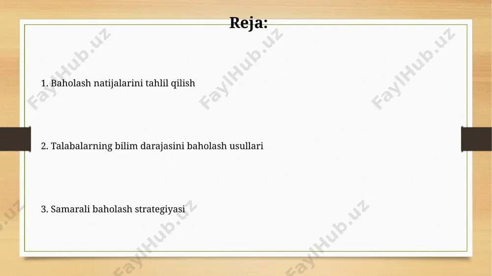 un fanlar bo‘yicha aniq ko‘rsatkichlarni o‘z ichiga oladi. masalan, 5-sinf o'quvchisi 80% ball to'plagan bo'lsa, standartlarga javob beradi. sinovlarni ishlab chiqish va o'tkazish farg‘ona viloyati maktablarida 2023-yilda o‘tkazilgan yillik nazorat ishlari natijalariga ko‘ra, 8-sinf o‘quvchilarining 60 foizi matematika fanidan "yaxshi" va "a’lo" baho olgan. samarqanddagi 5-sinf o‘quvchilari uchun matematika fanidan test sinovini ishlab chiqishda 20 ta savol, har bir savolga 5 balldan, jami 100 balldan iborat bo‘lishi kerak. talabalarning bilim darajasini oshirish bo'yicha tavsiyalar talabalarning 70%i amaliy mashg'ulotlar orqali samarqanddagi universitetda o'z bilim darajalarini 20% ga oshirganlar, shuning uchun amaliy topshiriqlar sonini ko'paytirish tavsiya etiladi. xorij adabiyotlaridan foydalanish va xalqaro standartlarga moslashish orqali andijondagi 3 ta oliygohda o'quv dasturlarini qayta ko'rib chiqish natijasida talabalarning bilim darajasi 10% ga oshgan. an'anaviy va zamonaviy baholash tizimlari an'anaviy baholash tizimlari, masalan, og'zaki savollar va imtihonlar orqali 19-asr oxiridagi rossiya imperiyasi maktablarida keng qo'llanilgan bo'lib, o'quvchilarning chuqur tushunchasini baholashda kamchiliklarga ega edi. o'zbekistonning 2017-yildagi …