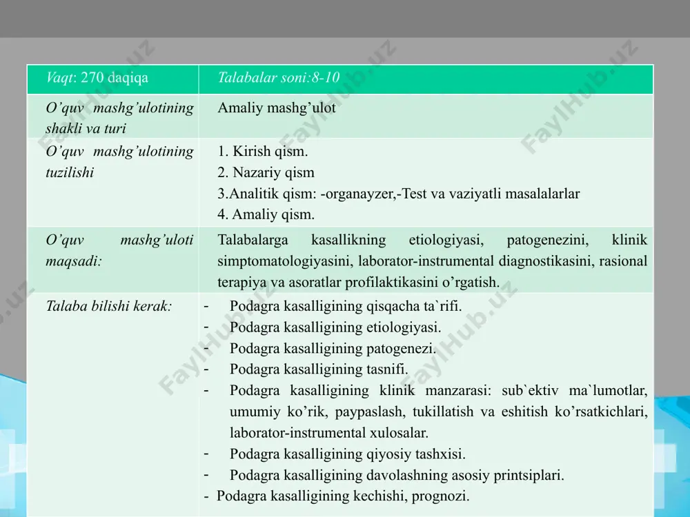 iyosiy tashxislash tadbirlar ketma – ketlik chizmasini to’g’ri tassavur qilishi, tanqidiy mulohazani shakllantiradilar; ta’lim usullari ma’ruza, aqliy hujum, hikoya, namoyish, videousul, amaliy ish usuli, kitob bilan ishlash, suhbat, ta’limiy o’yin, pinbord, organayzer. ta’lim shakli jamoaviy, guruhlarda ishlash ta’lim vositalari doska-stend, flipchart, videofilmlar, yozuv taxtasi, model, mulyajlar, grafik, diagrammlar, chizma, sxema, eslatma, nazorat varag’i, matnlar, nazorat savollari, testlar, vaziyatli masalalar, mavzuga oid bemorlar, qon taxlillari, immunologik tekshiruvlvr, o’tkir fazali sinamalar, rentgen tekshiruvlar, ekg, fkg, exoks, tarqatma materiallar, tv-video, overxet, multimedia. ta’lim berish sharoiti maxsus texnika vositalari bilan jihozlangan, guruhli shakllarda ishlashga mo’ljallangan xonalar (kardiologiya, kardioreanimasiya, umumiy terapiya bo’limlari, ekg apparati, mulyajlar, fantomlar) monitoring va baholash og’zaki so’rov: tezkor-so’rov, yozma so’rov: test o’tkir revmatik isitma mavzusi b o’yicha amaliy mashg’ulotning texnologik xaritasi ish jarayon-lari va vaqti o’qituvchi faoliyati talaba faoliyati 1-bosqich kirish (10 daqiqa) o’quv fanining mavzusini aytadi. mavzuning dastlabki umumiy tasavvurini beradi.uslubiy va tashkiliy tomonlari, talabalar bilimlarini baholash mezonlarini va strukturasini …