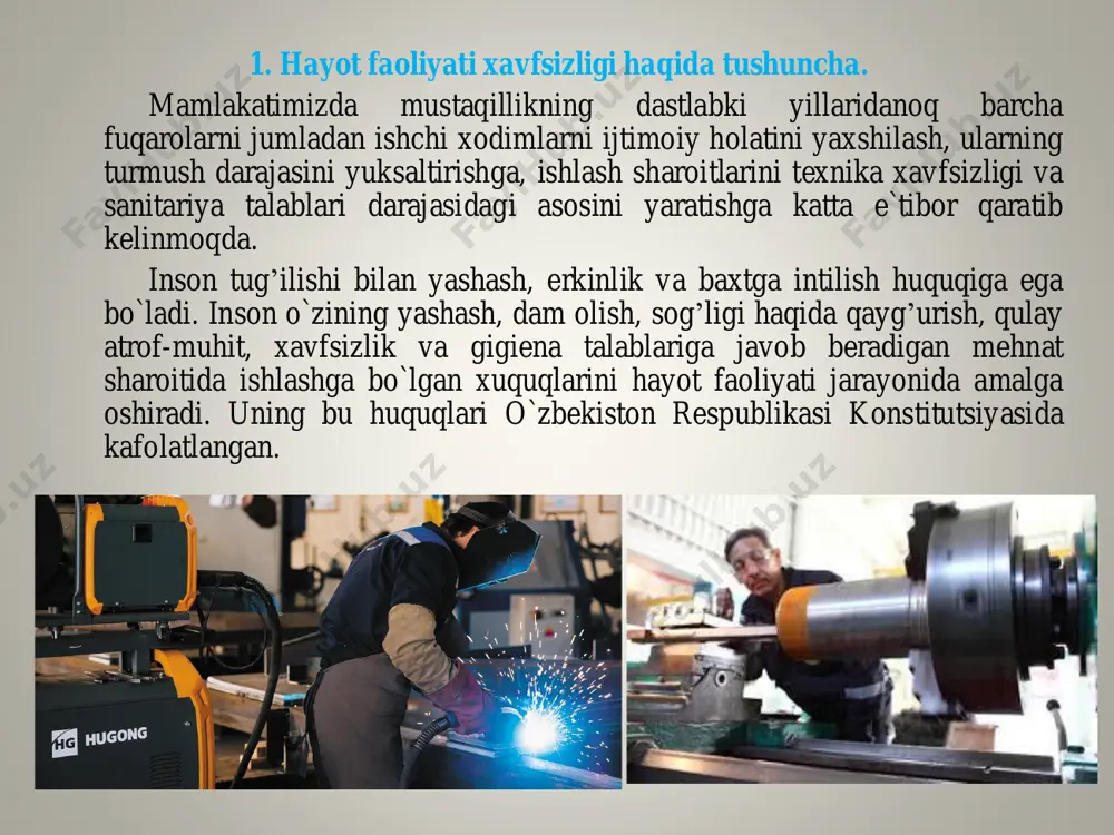 luksiz o`zaro ta`sirda bo`lib, doimiy harakatdagi «inson – atrof muhit» sistemasini tashkil etadi. dunyoning evolyutsion jarayonida bu sistemani tashkil etuvchilar uzluksiz o`zgarib bordi. inson mukammallashdi, yer sharining aholisi va uning oqimi o`sdi, jamiyatning ijtimoiy asosi o`zgardi. atrof-muhit o`zgardi: inson o`zlashtirgan er yuzi va er osti hududi kattalashdi; tabiiy tabiat muhiti insoniyat jamiyatining o`sib borayotgan ta`sirini boshdan kechirmoqda, inson tomonidan sun`iy yaratilgan maishiy, shahar va ishlab chiqarish muhiti paydo bo`ldi. tabiiy muhit o`zi mukammal bo`lib, inson ishtirokisiz mustaqil mavjud bo`laoladi va rivojlanaoladi. inson tomonidan yaratilgan boshqa barcha borliq muhiti mustaqil rivojlanaolmaydi va ular paydo bo`lganidan so`ng eskirishga va emirilishga mahkum narsalardir. insoniyat o`zining dastlabki rivojlanish bosqichida tabiiy atrof-muhit bilan o`zaro uyg’un harakat qilgan. atrof-muhit asosan biosfera, er osti, gallaktika va cheksiz koinotdan tashkil topgan. biosfera - barcha turdagi organizmlar, jumladan inson yashashi mumkin bo`lgan atrof- muhit bo`lib, u murakkab tuzilishdagi yer sharining muhim qobig’idir. texnosfera - o`tmishda biosferaga taalluqli bo`lgan keyinchalik …