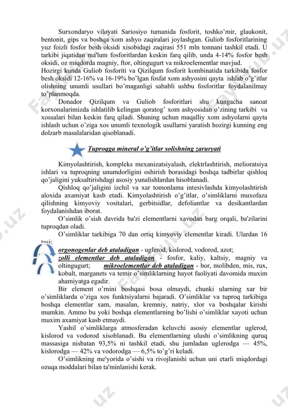 a fosforli va kaliyli o’g’itlar bilan ta'minlash kеskin kamaydi. masalan, 2001 yilda rеspublikada еtishtiriladigan turli xil qishloq xo’jalik ekilari uchun ilmiy asoslangan zarur mе'yordagi minеral o’g’itlarga bo’lgan talab (100% ozuqa modda xisobida) 997,5 ming tonna azotli, 691,7 ming tonna fosforli va 352,5 ming tonna kaliyli o’g’itlarga to’qri kеldi. bugungi kunda azotli o’g’itlarga bo’lgan talab ehtiyoj 58,8%, fosforga esa 18% bajarilmoqda. qishloq xo’jalik ishlab chiqarishini rivojlantirish uning minеral o’g’itlar bilan ta'minlanishiga bog’liq. o’zbеkiston kimyo sanoati azotli o’g’itlar oilsh uchun aosiy xom ashyo xisoblangan havo va tabiiy gaz bilan еtarli zahiraga ega bo’lsa, fosforli o’g’itlar ishlab chiqarish esa qozoqiston rеspublikasidan kеltiriladigan qoratog’ fosforit xom ashyosiga mo’ljallangan edi. korxonalarda turli xil fosforli o’g’it qajmi 1992 yilga kеlib, 1,5 mln. tonnaga qisqardi, so’ng esa to’xtatildi. minеral o’g’itlarsiz esa qishloq xo’jaligida yuqori xosildorlikka erishish mumkin emas. qishloq xo’jaligidagi fosforli o’g’itlar tanqisligi muammosini xal etish xozirgi kunning asosiy vazifalari qatoriga kiradi. yuzaga kеlgan ushbu vaziyatdan chiqishning …