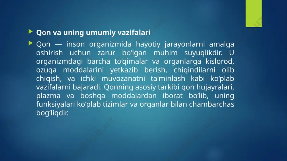 ansini muvozanatga keltiradi, shuningdek, gormonlarni va boshqa moddalarni tashish orqali organizmdagi jarayonlarni tartibga soladi. qon ivishi: trombositlar va boshqa qon komponentlari jarohatlangan joyga tezda yetib borib, qon ivish jarayonini boshlaydi va qon ketishini to‘xtatadi. qonning immunitet tizimidagi asosiy funksiyalari immunitet — bu organizmning tashqi zararli omillardan, kasallik qo‘zg‘atuvchilardan himoya qilish qobiliyatidir. qon immunitet tizimi uchun asosiy transport vositasi hisoblanadi, chunki qon tarkibidagi oq qon hujayralari (leykotsitlar) va boshqa himoya moddalari organizmni turli infeksiyalar va yallig‘lanishlardan himoya qiladi. qonning immun tizimidagi asosiy funksiyalari quyidagilardan iborat: 1. zararlovchi agentlarga qarshi kurashish qonning eng asosiy immun funksiyalaridan biri — organizmga kirgan zararli mikroorganizmlar, bakteriyalar, viruslar, zamburug‘lar va parazitlarga qarshi kurashishdir. buning uchun qon tarkibidagi leykotsitlar (oq qon hujayralari) harakatga keladi. ular zararli organizmlarni aniqlaydi, ularni o‘z ichiga olib, zararsizlantiradi. bu jarayonni fagositoz deb atashadi, ya'ni leykotsitlar zararli organizmlarni "yutib" oladi. 2. immun javobni ishlab chiqish qon tarkibida bo‘lgan limfotsitlar (b-hujayralari va t-hujayralari) organizmga …