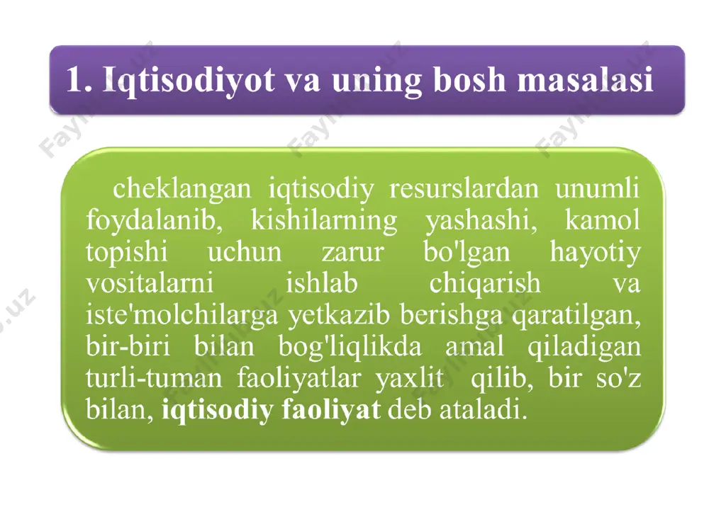 larni ishlab chiqarish, taqsimlash, ayirboshlash va iste'mol qilish bilan bog'liq harakatlarini o'rganadi kurs ekonomicheskoy teorii: uchebnik / pod obщ. red. prof. chepurina m.n., prof. kiselevoy e.a. – 6-ispravlennoe, dopolnennoe i pererabotannoe izdanie. – kirov: «asa», 2007, s.28. s.s.nosova ishlab chiqaruvchi kuchlarning erishilgan darajasi asosida moddiy ne'mat va xizmatlarni ishlab chiqarish, taqsimlash, ayirboshlash va iste'mol qilish bo'yicha kishilar o'rtasida vujudga keluvchi ishlab chiqarish munosabatlarining yig'indisi nosova s.s. ekonomicheskaya teoriya. elementarnыy kurs: uchebnoe posobie / s.s.nosova. – m.: knorus, 2008, s.16. * g.p.juravleva,v.i. vidyapin umumiy iqtisodiyot nazariyasi ijtimoiy fan bo'lib, u cheklangan resurslar sharoitida ehtiyojlarni qondirish maqsadida moddiy ne'matlarni ishlab chiqarish, ayirboshlash, taqsimlash va iste'mol qilish jarayonlarida kishilar va guruhlarning xatti-harakatini o'rganadi ekonomicheskaya teoriya (politekonomiya): uchebnik/ pod obщ. red. akad. v.i.vidyapina, akad. g.p.juravlevoy. – 4-e izd. - m.: infra-m, 2004, s.31. v.d.kamaev boylik va resurslarning cheklanganligi, ulardan samarali foydalanish bilan yaxlit holdagi ishlab chiqarish munosabatlari tizimini, ishlab chiqaruvchi hamda iste'molchi sifatidagi insonning …