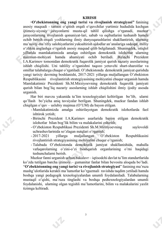 izning asrlar davomida to‘plagan hayotiy tajribalari, diniy, axloqiy, ilmiy qarashlarini sinchiklab o‘rganish, ulardan o‘zbekiston mustaqilligini mustahkamlash, mamlakatimizni buyuk davlatlar qatoriga ko‘tarishda, xalq farovonligini yuksaltirishda foydalanish muqaddas vazifadir. chunki o‘zbekiston respublikasining birinchi prezidenti i.a.karimov ta’kidlaganidek, “...kim bo‘lishidan qat’i nazar, jamiyatning har bir a’zosi o‘z o‘tmishini yaxshi bilsa, bunday odamlarni yo‘ldan urish, har xil aqidalar ta’siriga olish mumkin emas. tarix saboqlari insonni hushyorlikka o‘rgatadi, irodasini mustahkamlaydi”[footnoteref:1]. demak, o‘zligini tanigan, tarixiy tajribadan chuqur saboq olgan fuqarolariga ega bo‘lgan davlatni tanlagan yo‘lidan qaytarib bo‘lmaydi. bunday davlatda tinchlik, taraqqiyot, farovonlik barqaror bo‘ladi. [1: karimov i.a. tarixiy xotirasiz kelajak yo’q. –t., 1998. –b. 4-5.] o‘zbekiston mustaqillikni qo‘lga kiritilishi tufayli o‘zbek xalqi davlatchiligi tarizida yangi davr – mustaqillik davri boshlandi. o‘zbekiston bugungi kungam kelib dunyo siyosiy xaritasidagi tenglar ichra teng davlat sifatida o‘zining munosib o‘rnini egalladi. mustaqillik uzoq yillar mustamlakachilik zulmining achchiq damlarini boshidan kechirgan o‘zbek xalqi hayotida yangi istiqbolli davrni boshlab berdi. istiqlol har bir vatandoshimizning …