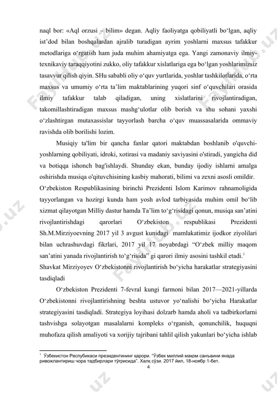 ’anaviy qo‘shiqchilik va millliy musiqa boyligimizdan foydalangan holda bugungi zamon ruhiga mos musiqalar yaratish, jahon klassik musiqa san’atidan unumli foydalanish, milliy estrada ruhida qo‘shiqlar yaratish bugungi kunning dolzarb vazifasi bo‘lib qolmoqda. bilan uzviy bog‘liq holda milliy o‘zligimizni anglash, madaniyatimizni har tamonlama rivojlantirish, xalqimiz, avvalo, yosh avlodimizni yuksak insoniy tuyg‘ular ruhida tarbiyalash, uning estetik didi va tafakkurini shakllantirishda musiqa ayniqsa maqom san’atining keng imkoniyatlaridan foydalanish maqsadidagi o‘zbekiston respublikasi prezidentining qarorida ta’kidlanganidek: “o‘zbeksitonda maqom san’atini yanada rivojlantirish, bu borada shakllangan ijro va ijodiy maktablar va an’analarini, buyuk bastakorlar, hofizlar va sozandalar merosini chuqur ilmiy asosda o‘rganish va qayta tiklash...”[footnoteref:2] vazifalarini amalga oshirish uchun bo‘lajak musiqa o‘qituvchisining kreativ komponentligi hamda innovatsion texnologiyalarini takomillashtirish salohiyati muhim omil bo‘lib xizmat qiladi. [2: o‘zbekiston respublikasi prezidenti sh.mirziyoyevning so‘zlagan nutqidan. xalq so‘zi gazetasi. 2017 yil 10-fevral soni. 2-4-betlar. ] «mustaqilligimizning dastlabki kunlaridanoq, - deb yozadi o‘zbekistonning birinchi prezidenti i.a.karimov, - ajdodlarimiz tomonidan ko‘p asrlar mobaynida yaratib kelingan …