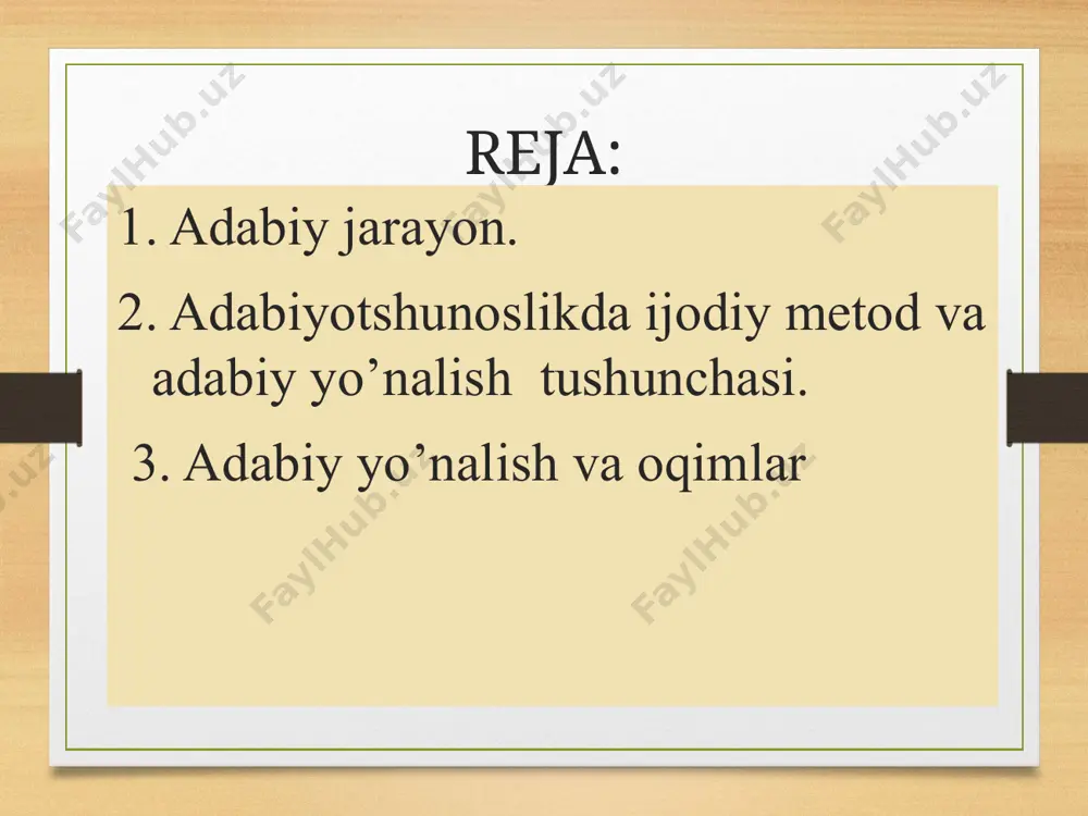 armida yevropa adabiyotida yetakchilik qilgan adabiy yo’nalish- ijodiy metod. romantizmda ijodkor borliqni qanday ko’rishni orzu qilsa shunday aks ettiradi. real olamdan ko’ra mukammalroq olam yaratishga intilish kuchli. romantizm ijodiy metodi mavjud voqelikdan qoniqmaslik natijasida paydo bo’lgan. romantik qahramon yovuzlikka qarshi kurashayotgan shaxs- romantizm adabiyotining bosh qahramoni. romantik qahramon shaxs erkini , insonlik sha’nini yuksak qadrlaydi. taraqqiyparvar romantik qahramon mehnat ahlining manfaatlarini himoya qilib chiqadi, erk uchun, ozodlik uchun olib boriladigan kurashga yetakchilik qiladi. realizmning yetakchi xususiyati. realizm termini adabiyotshunoslikda dastlab xix asrda fransiyada qo’llanila boshladi. 1. realizm — voqelikni, mavjud borliqni badiiy adabiyotning ifoda vositalari orqali oʻziga oʻxshash shakllarda haqqoniy aks ettirish. 2. realizm - voqelikni barcha ziddiyatlari bilan qamrab olishga intiladi, yozuvchiga hayotning barcha tomonlarini cheklanmagan holda aks ettirish imkoniyatini beradi. realizmning talablari,xususiyatlari quyidagilardan iborat? haqqoniylik tarixiylik tahliliylik xarakterlarning tipikligi tanqidiy realizm tanqidiy realizm - xix asrning 20—30 yillarida jahon adabiyoti va sanʼatida shakllangan ijodiiy metod. tanqidiy realizm yozuvchidan …