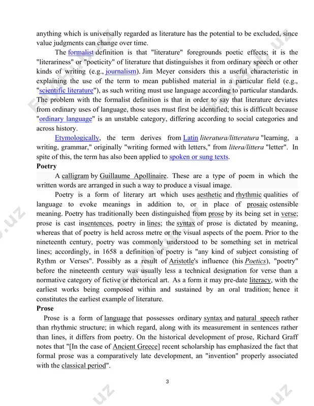 xt in which they appear. there have been various attempts to define "literature". simon and delyse ryan begin their attempt to answer the question "what is literature?" with the observation: the quest to discover a definition for "literature" is a road that is much travelled, though the point of arrival, if ever reached, is seldom satisfactory. most attempted definitions are broad and vague, and they inevitably change over time. in fact, the only thing that is certain about defining literature is that the definition will change. concepts of what is literature change over time as well. definitions of literature have varied over time; it is a "culturally relative definition".western europe in prior to the eighteenth century, literature as a term indicated all books and writing. a more restricted sense of the term emerged during the romantic period, in which it began to demarcate "imaginative" literature. contemporary debates over what constitutes …