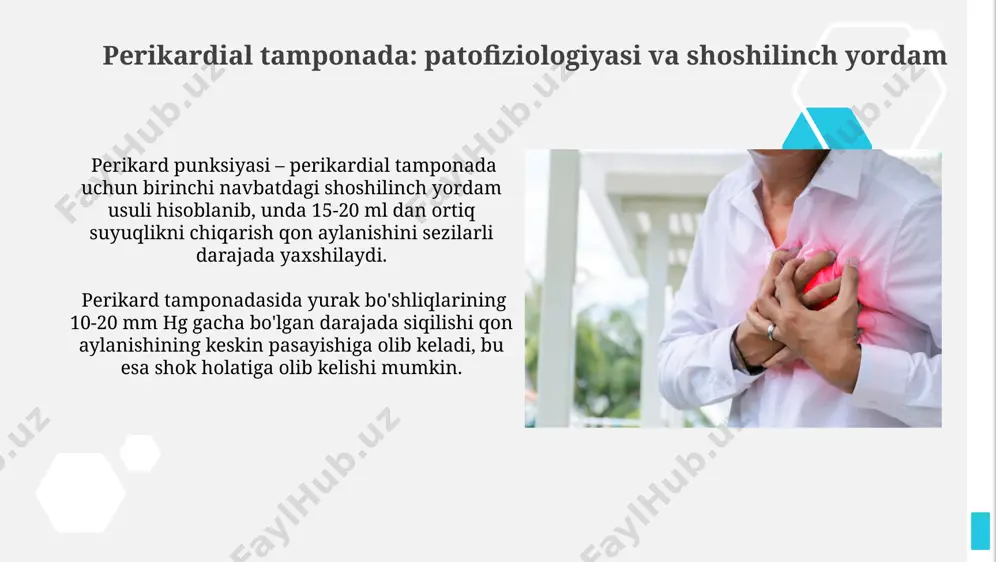 z, fibrinöz, gemorragik) qarab tasniflanadi, bu yurak faoliyatiga ta'sir darajasini belgilaydi. konstrictiv perikardit, perikardning qalinlashuvi va qattiqlashuvi bilan tavsiflanadi, bu yurak diastolining buzilishiga olib keladi va to'rtta asosiy klinik belgilar (kussmaul belgisi, pulsning parodoksiyasi, jigar kattalashuvi, jugular vena bosimi oshishi) bilan ifodalanadi. konstriktor perikardit: klinik ko'rinishlari va davolash konstriktor perikarditda yurak tamponadasi rivojlanishi ehtimoli 70% dan yuqori bo'lib, pulsning zaiflashuvi va qon bosimining pasayishi kabi klinik belgilar bilan namoyon bo'ladi. davolashning asosiy usuli – perikardiosentez, unda 150-200 ml gacha suyuqlik chiqarilishi mumkin, bu esa yurak faoliyatini yaxshilashga yordam beradi va bemorning ahvolini barqarorlashtiradi. perikard patologiyasini davolash usullari perikard efüzyonini davolashda, suyuqlik miqdoriga qarab, 50-100 ml gacha punksiya yoki jarrohlik yo'li bilan drenajlash qo'llaniladi, og'ir hollarda esa perikardiyektomiya amalga oshiriladi. konstrictiv perikarditda, yurak faoliyatini yaxshilash uchun diuretiklar va ace inhibitörleri buyuriladi, og'ir holatlarda esa jarrohlik perikardiyektomiya zarur bo'ladi, o'lim xavfi 20% ga etadi. ekg va ekokardiografiya tekshiruvlari ekgda pericarditda st segmenti …