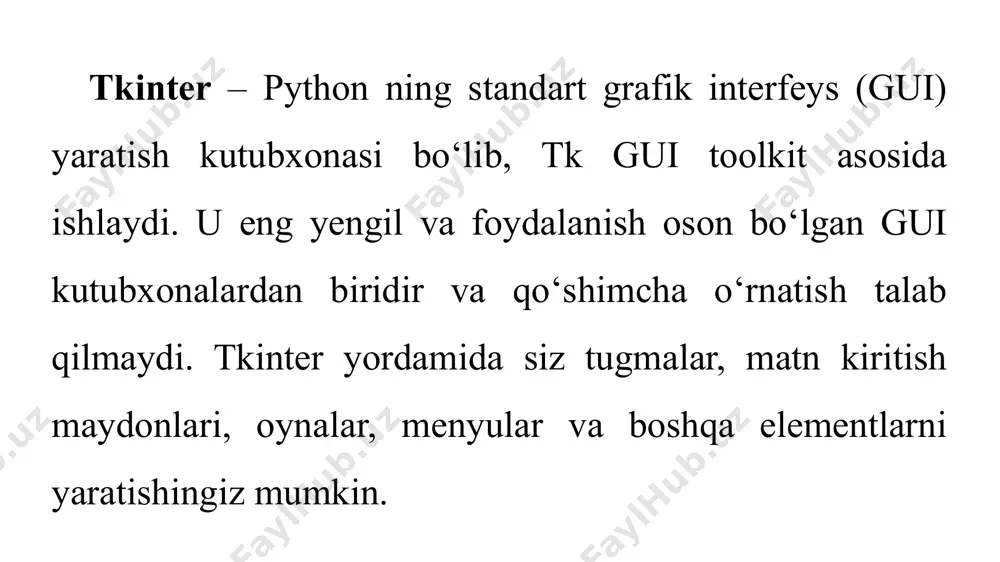 gets) mavjud. eng asosiylari quyida keltirilgan. 1. label – matn chiqarish 2. button – tugma qo‘shish 3. entry – matn kiritish maydoni (qlineedit) 4. qmessagebox – xabar oynasi chiqarish 5. layout – vidjetlarni joylashtirish (qvboxlayout, qhboxlayout) pyqt da pack(), grid() kabi usullar yo‘q, buning o‘rniga qvboxlayout, qhboxlayout ishlatiladi. oddiy kalkulyator fayl tanlash oynasi pyside – bu python uchun qt framework asosida ishlab chiqilgan grafik interfeys (gui) kutubxonasi bo‘lib, pyqt bilan juda o‘xshash. pyside qt for python sifatida ham tanilgan va qt group tomonidan rasmiy qo‘llab-quvvatlanadi. pyside va pyqt o‘rtasidagi farqlar: xususiyat pyside pyqt rasmiy ishlab chiqaruvchi qt group (rasmiy) riverbank computing (shaxsiy) litsenziya lgpl (bepul) gpl va tijorat litsenziyasi pip install pyside6 pip install pyside2 pyside6 – eng yangi versiya (2020-yildan beri). pyside2 – qt5 asosida ishlaydi (eskirgan, lekin hali ham qo‘llaniladi). pyside asosiy vidjetlari 1. label – matn chiqarish (qlabel) 2. button – tugma (qpushbutton) 3. entry – matn …