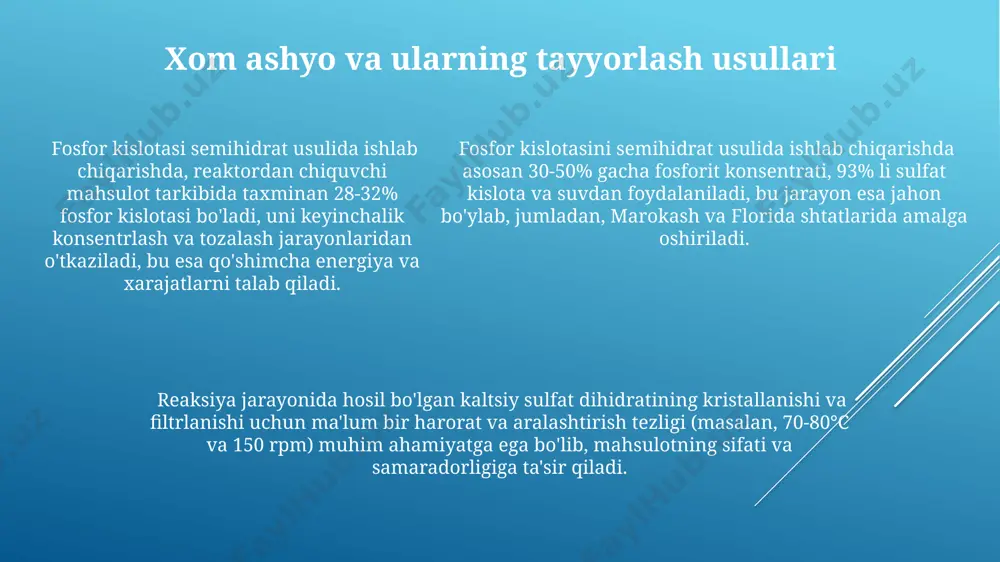 k intizomiy jazo qo'llanishi mumkin. fosfor kislotasi ishlab chiqarish jarayonida 50°c dan yuqori haroratlarda ishlashda, ishchilar maxsus issiqqa chidamli kiyimlar, qo'lqoplar va niqoblardan foydalanishlari shart, chunki yuqori harorat kuyishlar va nafas olish yo'llari shikastlanishiga olib kelishi mumkin fosfat kislotasining tozalash usullari fosfat kislotasini tozalashda 99,5% gacha tozalik darajasiga erishish uchun, distillash usuli bilan birga, aktiv ugleroddan foydalaniladi, bu jarayon o'zbekistonning kimyo zavodlarida keng qo'llaniladi. ion almashinuvi texnologiyasi yordamida, fosfat kislotasidan 5 ppm dan kam metall ionlarini olib tashlash mumkin, bu esa jahon standartlari, masalan, evropa ittifoqi standartlari talablariga javob beradi. ekstraksiya usuli, masalan, butanoldan foydalanib, fosfat kislotasidagi nopokliklarni 90% gacha kamaytirish imkonini beradi, bu samarqanddagi tadqiqot markazlarida o'rganilgan. kelajakdagi istiqbollar va tadqiqotlar evropa ittifoqi mamlakatlarida, xususan germaniyada, yarim gidrat usulida fosfor kislotasi ishlab chiqarishdagi chiqindilarni qayta ishlash bo'yicha 5 dan ortiq loyiha amalga oshirilmoqda. 2030-yilga borib, fosfor kislotasini yarim gidrat usuli bilan ishlab chiqarishda samaradorlikni 15% ga oshirishga qaratilgan tadqiqotlar …