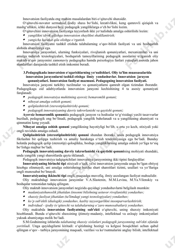 osabat, turli holatlarda ratsional vaziyatning tan olinishini uqtirishga tayyorligi kiradi. buning natijasida o‘qituvchi o‘z bilim va ilmiy faoliyatini ta'minlaydigan keng qamrovli mavzu (motiv)ga ega bo‘ladi. o‘qituvchi faoliyatida o‘z-o‘zini faollashtirish, o‘z ijodkorligi, o‘z-o‘zini bilishi va yaratuvchiligi mavzu (motiv)lar muhim ahamiyat kasb etadi. bu esa o‘qituvchi shaxsining kreativligini shakllantirish imkoniyatini beradi. yangilik kiritishning muhim sharti muloqotning yangi vaziyatini tug‘dirishdir. muloqotning yangi vaziyati - bu o‘qituvchining o‘z mustaqillik mavqyeini, dunyoga, pedagogik fan, o‘ziga bo‘lgan yangi munosabatni yarata olish qobiliyatidir. o‘qituvchi o‘z nuqtai nazarlariga o‘ralashib qolmaydi, u pedagogik tajribalarning boy shakllari orqali ochilib, mukammallashib boradi. bunday vaziyatlarda o‘qituvchining fikrlash usullari, aqliy madaniyati o‘zgarib boradi, hissiy tuyg‘ulari rivojlanadi. keyingi sharti - bu o‘qituvchining madaniyat va muloqotga shayligi. o‘qituvchining innovatsion faoliyati voqyelikni o‘zgartirishga, uning muammolari va usullarini yechishni aniqlashga qaratilgandir. o‘qituvchi va talaba o‘rtasidagi muloqot namunasining o‘zgarishi innovatsion faoliyat shartlaridan biridir. yangi munosabatlar an'analarda bo‘lganidek, qistovlar, hukmga bo‘ysunish kabi unsurlardan holi bo‘lishi lozim. ular tenglarning hamkorligi, …