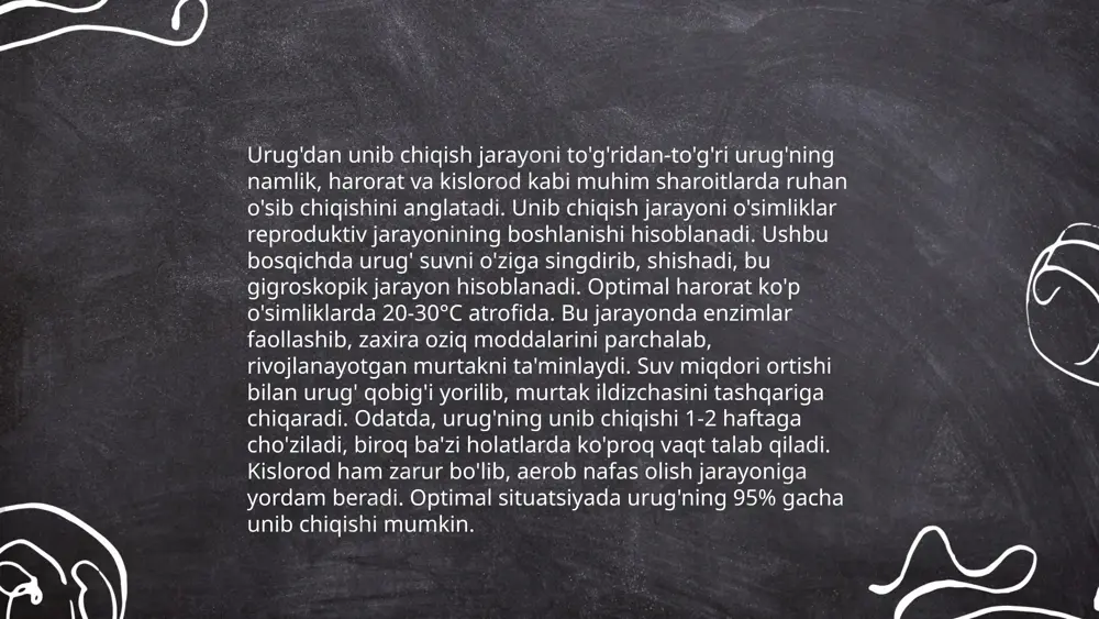 'linadi. gulli o'simliklar urug'lik va urug'siz o'simliklarni shakllantirishi mumkin. generativ organlar o'simlikning hayot siklining muhim qismidir va hosil olishda yetakchi rol o'ynaydi. gullar odatda 5-7 kun davomida to'liq o'sadi, urug'lar esa 2-3 hafta ichida yetiladi. ... t.me/slaydai_bot gullash jarayoni, asosan, o'simliklarning o'sishi va rivojlanishini ta'minlovchi muhim bosqichlardan biridir. bu jarayon asosan bahor va yoz oylarida kuzatiladi. gullashga havo harorati, tuproq namligi, yorug'lik miqdori va ozuqa moddalarining yetarliligi ta'sir qiladi. masalan, gullash uchun optimal harorat 15-25°c atrofida bo'lishi kerak. odatda, o'simliklar yetarli miqdorda suv va mineral moddalar olish uchun kamida 30-50 kun oldindan tayyorgarlik ko'radi. gullash jarayonida o'simliklarning energetik ehtiyojlari ortadi, chunki fotosintez, ya'ni quyosh nuridan energiya olish jarayoni kuchayadi. gullash muddatlari va davomiyligi o'simlik turlariga qarab farq qiladi, ba'zi turlar 3-7 kun ichida gullasa, boshqalari bir necha hafta yoki oy davomida gullaydi. ... t.me/slaydai_bot meva va urug'larning shakllanishi o'simliklarning ko'payish jarayonida asosiy rol o'ynaydi. o'simlikning gullarida changlanish va urug'lanish jarayonlari …