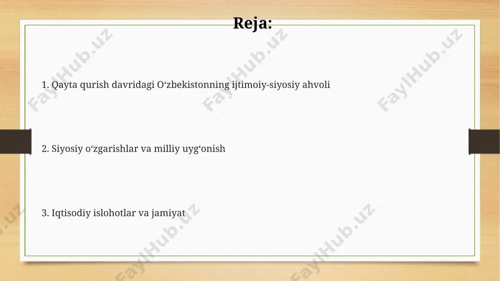 urbonlari soni bo'yicha aniq raqamlar hali ham munozarali bo'lib, turli manbalarda 100 mingdan oshiq odamning siyosiy repressiyalarga duchor bo'lgani haqida ma'lumotlar mavjud. qayta qurish davridagi oʻzbekistonning ijtimoiy-siyosiy ahvoli 1980-yillarning ikkinchi yarmida oʻzbekiston kommunistik partiyasi ichida kuchli raqobat kuchayib, “milliy uygʻonish” harakatlarining paydo boʻlishiga va hokimiyatdagi oʻzgarishlarga sabab boʻldi, bu esa siyosiy tizimdagi asosiy oʻzgarishlarga turtki boʻldi. qayta qurish siyosati doirasida amalga oshirilgan iqtisodiy islohotlar, koʻplab davlat korxonalarining samaradorligini oshirish oʻrniga, byurokratiya va korruptsiyaning kuchayishiga olib keldi, natijada aholining turmush darajasi sezilarli darajada yaxshilanmadi. qayta qurish davrida oʻzbekistonda paxta yetishtirishga boʻlgan haddan tashqari eʼtibor, boshqa qishloq xoʻjaligi tarmoqlarining rivojlanishiga toʻsqinlik qilib, oziq-ovqat tanqisligiga olib keldi, bu esa 1980-yillar oxirida ommalashgan noroziliklarning sabablaridan biri boʻldi. madaniy va mafkuraviy oʻzgarishlar sovet davridagi kommunistik ramzlar o'rnini yangi milliy ramzlar egalladi, shuningdek, 1990-yillarning o'rtalaridan boshlab milliy til va madaniyatni rivojlantirishga qaratilgan davlat siyosati kuchaytirildi, bu esa madaniy va mafkuraviy o'zgarishlarning muhim tarkibiy qismini tashkil etdi. …