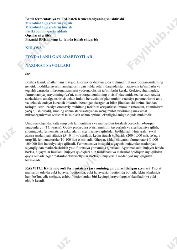 ‘rnatish amaliy emas bo‘lardi. kichik (1-10 litr) yoki katta (>1 000 litr) bioreaktorlardan maksimal hosil olish uchun bir qator parametrlarni aniq nazorat qilish kerak. bu parametrlar harorat, ph darajasi, o‘sayotgan hujayralarni aralashtirish tezligi va tabiati, shuningdek, aerobiotik organizmlar uchun kislorod talabi kabi omillarni o‘z ichiga oladi. bundan tashqari, optimal sharoitlar odatda bioreaktor hajmi 10 barobar oshganida o‘zgaradi. mikrobial o‘sish tamoyillari batch fermentatsiya fed-batch fermentatsiya uzluksiz fermentatsiya fermentatsiya jarayonining samaradorligini oshirish yuqori zichlikdagi hujayra madaniyatlari plazmid barqarorligini oshirish tinch holatdagi e. coli hujayralari oqsil sekretsiyasi asetat miqdorini kamaytirish bioreaktorlar katta miqyosli fermentatsiya tizimlari tandem havo ko‘targichli reaktorlarda ikki bosqichli fermentatsiya bitta aralashtirilgan-tankli reaktorda ikki bosqichli fermentatsiya batch fermentatsiya va fed-batch fermentatsiyaning solishtirishi mikrobial hujayralarni yig‘ish mikrobial hujayralarni buzish pastki oqimni qayta ishlash oqsillarni eritish plazmid dnkni keng ko‘lamda ishlab chiqarish xulosa foydalanilgan adabiyotlar nazorat savollari 685. boshqa texnik jihatlar ham mavjud. bioreaktor dizayni juda muhimdir. u mikroorganizmlarning genetik modifikatsiyasini amalga oshirgan …