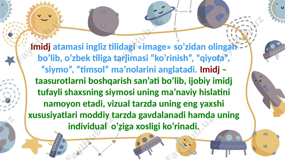 moyon bo`ladigan tarbiyaviy jihatlarni ham o‘zʻichiga qamrab oladi. tashqi qiyofa orqali insonlarning qiziqishlarini orttirganholda, o‘zini namoyon qila olish, o‘ziga og dira olish va e’tiborni qarata olishʻpedagog faoliyatida muhim sanaladi. bu jarayonda faqatgina istedodning,bilimning o‘zi yetarli emas, balki o quvchilar ko‘ngliga yoqa olishni ham bilishʻkerak. aksariyat o quvchilardan nima uchun aynan shu fanga qiziqasiz, debʻso ralganda, "ustozimni yaxshi ko`rardim” yoki "dars juda qiziqarli o‘tardi”ʻʻdegan javoblarni olamiz. demak, o qituvchi o‘zini, fanini taqdimot qila olgan,ʻya’ni u o‘zini namoyon qila olgan sanaladi. e’tiborimizni qaratishimiz lozimbo lgan jihat bu – pedagoglardagi muomala odobi, xulqi va notiqlik san’atidir. ʻbuham o qituvchi va tarbiyachilarimizda ta’lim-tarbiya berish bosqichida muhim rolʻo‘ynaydigan sifatlardan biridir. thank you image9.emf image10.emf image11.emf image12.emf image13.emf image14.emf image15.emf image16.emf image17.emf image18.emf image1.emf image2.emf image3.emf image4.emf image5.emf image6.emf image7.emf image8.emf image22.emf image23.emf image24.emf image25.emf image26.emf image19.emf image20.emf image21.emf image27.emf image28.emf
