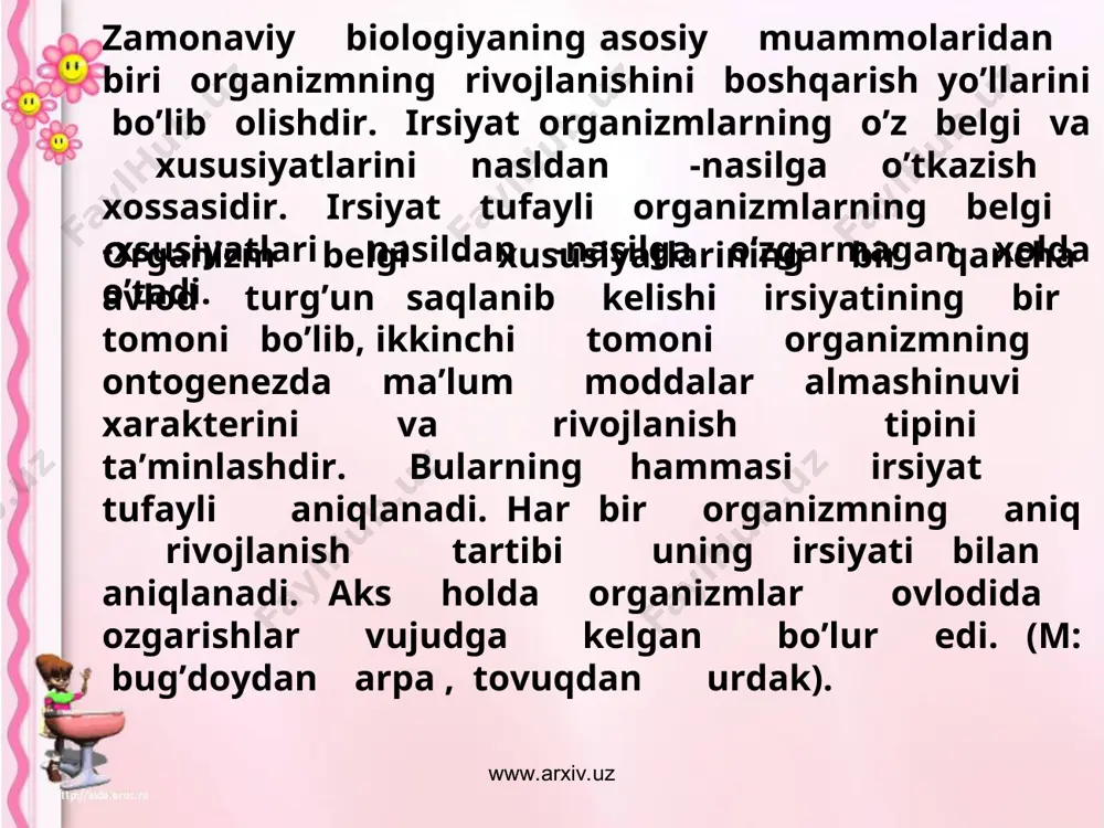 deb nom beriladi. elektron mikroskob kashf etilishi bilan xujayraning tarkibi va undagi moddalar almashinuvi o’rganila boshlanadi. har bir hujayra sitoplazmatik membrana, sitoplazma, yadro va xujayra organiodlaridan iborat. xujayra organiodlariga maxsus tuzilishga ega bo’lgan va ma’lum funksiyani bajaradigan tuzilmalar kiradi. ular endoplazmatik tur, ribosomalar, golji apparati, mikrokondriyalar, lizosomalar va sentrosomalar va h.k.z. www.arxiv.uz www.arxiv.uz hujayra yadrosining bo’linishida kuzatiladigan va yaxshi qo’llaniladigan tanachalarni 1888 yilda nemis olimi v.vladeyner aniqlab, ularni xromosomalar deb atagan. xromosoma grekcha so’z bo’lib, “xromos” bo’yoq, rang “soma” tanacha degan ma’noni bildiradi. xromosomalar organizmning o’ziga hos bo’lgan barcha biologik belgilarni irsiy yo’l bilan nasldan- naslga o’tkazadi, u oqsilar va nuqmin kislotalarning yirik molekularidan tashkil topgan. xromosomalar ipsimon va tayoqsimon shaklda bo’lib, uning soni turli o’simlik, hayvon hujayralarida turlicha bo’ladi. dastlab 1956 yilda ko’rsatib berilgandek odam hujayralarida 46 tadan xromosoma bo’ladi. jinsiy xujayralar boshqa hujayralardan farq qilib, 23 tadan xromosoma tutadi. erkak va ayol hujayralari bir-biri bilan qo’shilganda xromosomalarning soni …
