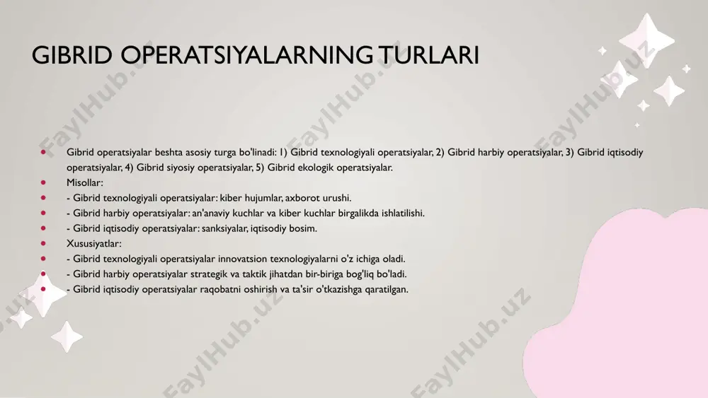 lar harbiy va fuqarolik sohalarida keng tarqalgan innovatsion strategiyalarni o'z ichiga oladi. harbiy sohada kiber hujumlar va psixologik operatsiyalar orqali raqobatchilarni chalkashtirishga qaratilgan harakatlar mavjud. fuqarolik sohasida esa iqtisodiy sabotaj va axborot tarqatish kabi vositalar qo'llaniladi. ushbu operatsiyalar strategik maqsadlarni amalga oshirishda muhim ahamiyatga ega bo'lib, global xavfsizlik muammolarini yanada murakkablashtiradi. zamonaviy gibrid operatsiyalar, shuningdek, maqsadli manipulyatsiyalarni amalga oshirish va tezkor reaksiya ko'rsatish imkoniyatini taqdim etadi. gibrid operatsiyalarning kelajagi gibrid operatsiyalarning kelajagi texnologik rivojlanish bilan chambarchas bog'liq. - **texnologik rivojlanish**: sun'iy intellekt va ma'lumotlar tahlili kabi yangi texnologiyalar gibrid operatsiyalarni yanada samarali va tezkor qilish imkonini beradi. - **xavf-xatarlar**: kiberhujumlar va ma'lumotlarning xavfsizligi bilan bog'liq muammolar gibrid operatsiyalarni boshqarishda muhim ahamiyatga ega. - **imkoniyatlar**: gibrid operatsiyalar raqobatbardosh ustunliklar yaratish va yangi bozor imkoniyatlarini ochish imkonini beradi. gibrid operatsiyalarni rivojlantirishda xavf-xatarlarni boshqarish va imkoniyatlarni optimal tarzda foydalanish muhimdir. xulosa asosiy tushunchalar gibrid operatsiyalar harbiy va strategik operatsiyalarning muhim qismidir. ular bir …