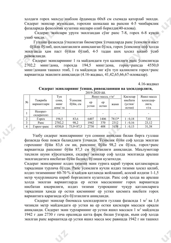ан сўнг 700-800 м3/га меъёрда суғорилди. кузда октябрь-ноябрь ойларида 17-20 кун оралатиб, март – апрель ойларида эса 20-25 кун ўтказиб суғориш ишлари амалга оширилди. сидерат экинлари ҳосил қилган яшил биомассани ерга кўмиб юбориш, рапсни гуллаш, горохни ҳамда уларнинг аралашмаларини гуллаш-мева тугиш фазаларида оғир дцскли (бдт-2,2) борана билан ерга майдаланиб, қўш ярусли плуг (пд-3-35)да кўмиб юбориш ишлари ўтказилди. маълум муддат ўтгач, сидератлардан бўшаган майдонларга чигит экиш учун ер тайёрланди ва экилади. сидерат экинларининг ўсиши, ривожланиши ва биомасса ҳосилдорлиги. тажриба қўйишдан олдин танланган тажриба даласида ғўза йиғиштириб олингач, сидерат экинлари уруғини экиш учун ер тайёрланиб, сидерат экин турлари ҳар бир пайкалчага алоҳида сочма усулда экилди. айни пайтда соф ҳолдаги горох махсус шаблон ёрдамида 60х8 см схемада қаторлаб экилди. сидерат экинлар жумладан, горохни шоналаш ва рапсни 4-5 чинбарклик фазаларида фенологик кузатиш ишлари олиб борилди(40-илова). сидерат экинлари уруғи экилгандан сўнг рапс 7-8, горох 6-8 кунда униб чиқди. гуллаш фазасида ўтказилган биометрик ўлчашларда рапс ўсимлиги …
