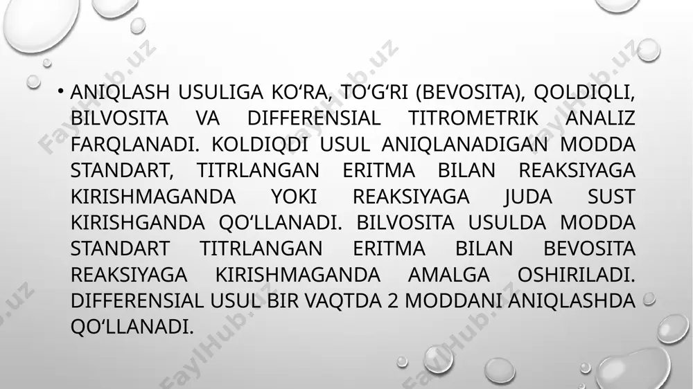 lashda og'irlikni o'lchash asosida ishlaydigan tahlil usuli bo'lib, uning nozikligi va ishonchliligi bilan ajralib turadi. ushbu tahlilning asosiy afzalliklaridan biri, uni yuqori darajadagi aniq o'lchovlar talab qilinadigan laboratoriya ishlarida qo'llash mumkinligidir. gravimetrik analiz usulining asosiy bosqichlari, modda yoki birikmalarni ajratish, ularning to'liq yog'lanishini ta'minlash va oxirgi og'irlikni o'lchashdan iborat bo'ladi. gravimetrik analiz usulini to'liq tushunish va uni amaliyotda muvaffaqiyatli qo'llash uchun usulning nazariy asoslarini va tajribaviy ishlanmalarini yaxshi o'zlashtirish zarur. bu usul nafaqat kimyo, balki farmatsevtika, ekologiya va boshqa sohalarda ham keng qo'llanilmoqda. shu tariqa, gravimetrik analiz ilmiy tadqiqotlar va sanoat ishlab chiqarish jarayonlarida muhim o'rin tutadi, chunki uning natijalari yuqori darajada aniqlik va ishonchlilikni ta'minlaydi. e‘tiboringiz uchun raxmat! image3.png image1.png /docprops/thumbnail.jpeg