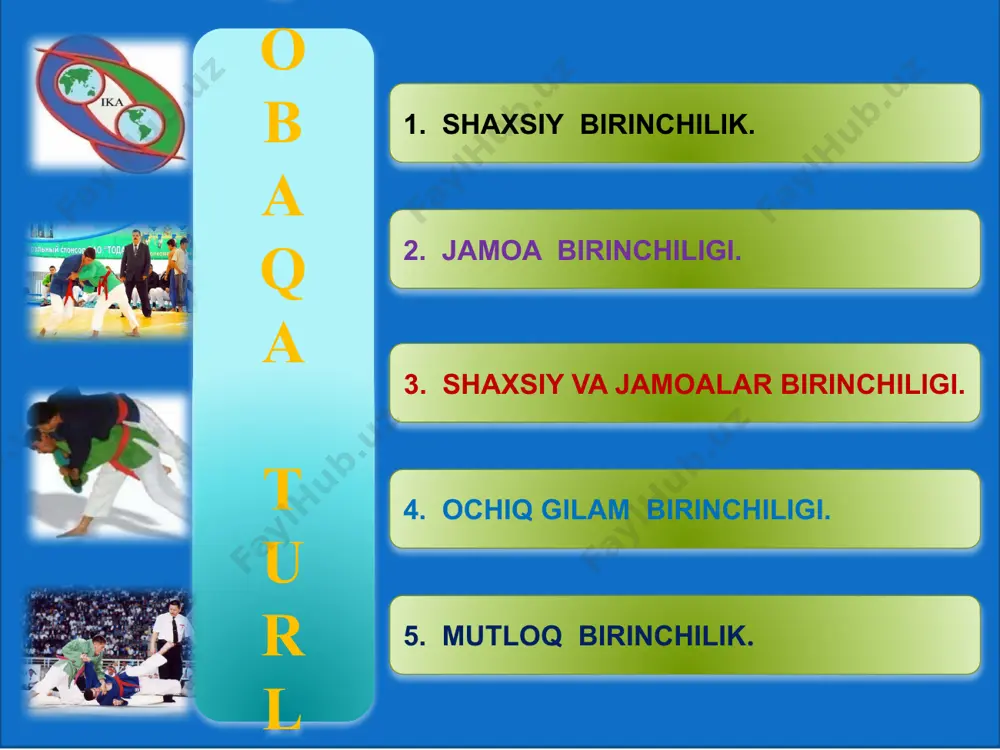 ni «vaqt» iborasini aytib, ishorasini qo'l bilan ko’rsatib, olishuvni to'xtatishi kerak. obrazets teksta vtoroy uroven tretiy uroven chetvertiy uroven pyatiy uroven 13 yon tomondagi hakamlar 14 1. yon tomondagi hakamlar o'rtadagi hakamga yordam beradilar, kurashchilarning hamma harakatlarini baholab boradilar. 2. kurashchilar harakatini baholashda gilamdagi uchta hakamdan ko'pchilik fikri bilan ish yuritiladi. agar fikrlar har xil bo'lsa, bir fikrga kelishish uchun maslaxatlashib olishlari kerak. 3. yon tomondagi hakamlar bir-biriga qarama-qarshi tomonlardagi kursilarda o'tirishadi, olishuv davomida zarurat tug'ilib qolsa, yon tomondagi hakam olishuvni tik turib kuzatishi ham mumkin. 4. agar kurashchilarning biriga yoki ikkalasiga ham qisqa fursatga gilamdan chiqish zarur bo'lib qolsa, yon tomondagi hakamlardan bir i hamkorlik qilishi zarur. obrazets teksta vtoroy uroven tretiy uroven chetvertiy uroven pyatiy uroven 14 vaqtni kuzatuvchi hakam 15 1. vaqtni kuzatuvchi hakam kurashchilar olishuvga chaqirilgandan eyin gilamga qancha vaqt mobaynida kelishlarini nazorat qilishlari shart, agar uzrsiz kechikib kelsalar bu haqida darrov hakamni ogohiantirish kerak. 2. …