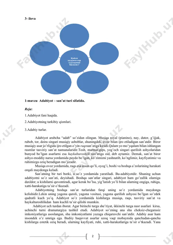 sa ham adabiyot xazinasidi oltin quyilmasidek hamisha porlab turadi. mavzu yuzasidan savollar: 2. adabiyot fanining tarkibiy qismlari qaysilar? 3.adabiy turlarni sanab bering. 4. adabiyot qaysi fanlar bilan uzviy bog’liqlikda ish olib boradi? 1-ilova 2- ilova mavzu:№ 2. bolalar adabiyoti fani hamda uning maqsad va vazifalari. reja: 1.bolalar adabiyoti fanining maqsadi. 2. bolalar adabiyoti fanining vazifasi. 3. fanning boshqa fanlar bilan yaqinligi. xalqda “adabiyotga e’tibor – ma’naviyatga e’tibor” deyiladigan juda katta ta’lim-tarbiya o’zida jamlangan umumlashma bor. bu umumlashmada adabiyotdan xabardor bo’lgan bolaning ilmi, odobi, yurish-turushi, muomalasi, ota-ona va vatanga mehr-muhabbati risoladagidek bo’lishi masalasi ilgari suruladi. barchamizga malumki, bolalar adabiyoti so’z san’ati va tarbiya vositasidir. kichkintoylar uchun yoziladigan har qanday badiiy asar ularning yosh xususiyatlariga, saviyalariga mos, kitobxonlar qalbida o’y-fikrlar uyg’otadigan, yorqin obrazlarga boy, yuksak g’oyalarga, ulkan va porloq ishlarga ilhomlantiradigan bo’lishi zarur. eng muhimi, mavzular tushunarli, sodda va qiziqarli tilda ifodalanishi kerak. bolalar adabiyoti yoshlarni imon-e’tiqodli va ona-vatanga muhabbatli qilib tarbiyalashda …