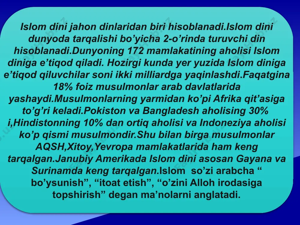 i zakot berish namoz o’qish islom dini 5 ustunga ega. 1.kalimayi shahodat- allohdan o’zga iloh yo’qligiga va muhammad (s.a.v) uning bandasi va payg’ambar ekanligiga shohidlik beraman demoqlikdir.u arab tilida shunday deyiladi:”ashhadu an lo ilaha illallohu va ashhadu anna muhammadan abduhu va rasuluh”. 2.namoz o’zini musulmomnan deb hisoblaydigan har bir bandaga buyurilgan ibodatdir.namoz ibodati kuniga 5 mahal o’qiladi. 3.ro’za erta tongdan to kun botishiga qadar yemoq va ichmoqdan tiyilmoq va shunga niyat qilmoqlik demakdir.ro’za har bir musulmonning o’zi tutib berishi shart bo’lgan farz ibodatidir.ramazon oyi oxirida fitr sadaqasi beiladi.fitr sadaqasi-o’ziga to’q musulmonlarning muhtoj va hojatmandlar uchun ramazon oyida beradigan xayru ehsonalaridir. 4.zakot-badavlat musulmonlarning boyliklari ichidagi faqiru miskinlarga beilishi shart bo’lgan allohning haqqidir.zakot-berilishi shart bo’lgan majburiy ehsondir.zakot ehson bo’libgina qolmay ibodat hamdir. islom dinidagi muqaddas kitoblar 1 qur’oni karim 2 hadisi sharif haj-bu ka’batullohni tavof qilmoq, safo va marva tepaliklari orasida yurmoq,arofat tog’ida bo’lmoq va zarur marosimlarni ado qilmoq uchun umrda bir …
