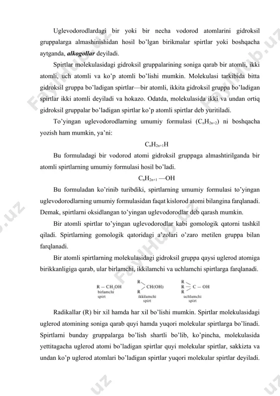 dorodlarning umumiy formulasi (cnh2n+2) ni boshqacha yozish ham mumkin, ya’ni: cnh2n+1h bu formuladagi bir vodorod atomi gidroksil gruppaga almashtirilganda bir atomli spirtlarning umumiy formulasi hosil bo’ladi. cnh2n+1 —oh bu formuladan ko’rinib turibdiki, spirtlarning umumiy formulasi to’yingan uglevodorodlarning umumiy formulasidan faqat kislorod atomi bilangina farqlanadi. demak, spirtlarni oksidlangan to’yingan uglevodorodlar deb qarash mumkin. bir atomli spirtlar to’yingan uglevodorodlar kabi gomologik qatorni tashkil qiladi. spirtlarning gomologik qatoridagi a’zolari o’zaro metilen gruppa bilan farqlanadi. bir atomli spirtlarning molekulasidagi gidroksil gruppa qaysi uglerod atomiga birikkanligiga qarab, ular birlamchi, ikkilamchi va uchlamchi spirtlarga farqlanadi. radikallar (r) bir xil hamda har xil bo’lishi mumkin. spirtlar molekulasidagi uglerod atomining soniga qarab quyi hamda yuqori molekular spirtlarga bo’linadi. spirtlarni bunday gruppalarga bo’lish shartli bo’lib, ko’pincha, molekulasida yettitagacha uglerod atomi bo’ladigan spirtlar quyi molekular spirtlar, sakkizta va undan ko’p uglerod atomlari bo’ladigan spirtlar yuqori molekular spirtlar deyiladi. molekulasida 4—7 uglerod atomi bo’ladigan spirtlar o’rtacha molekular spirtlar deb ataladi. spirtlarni …