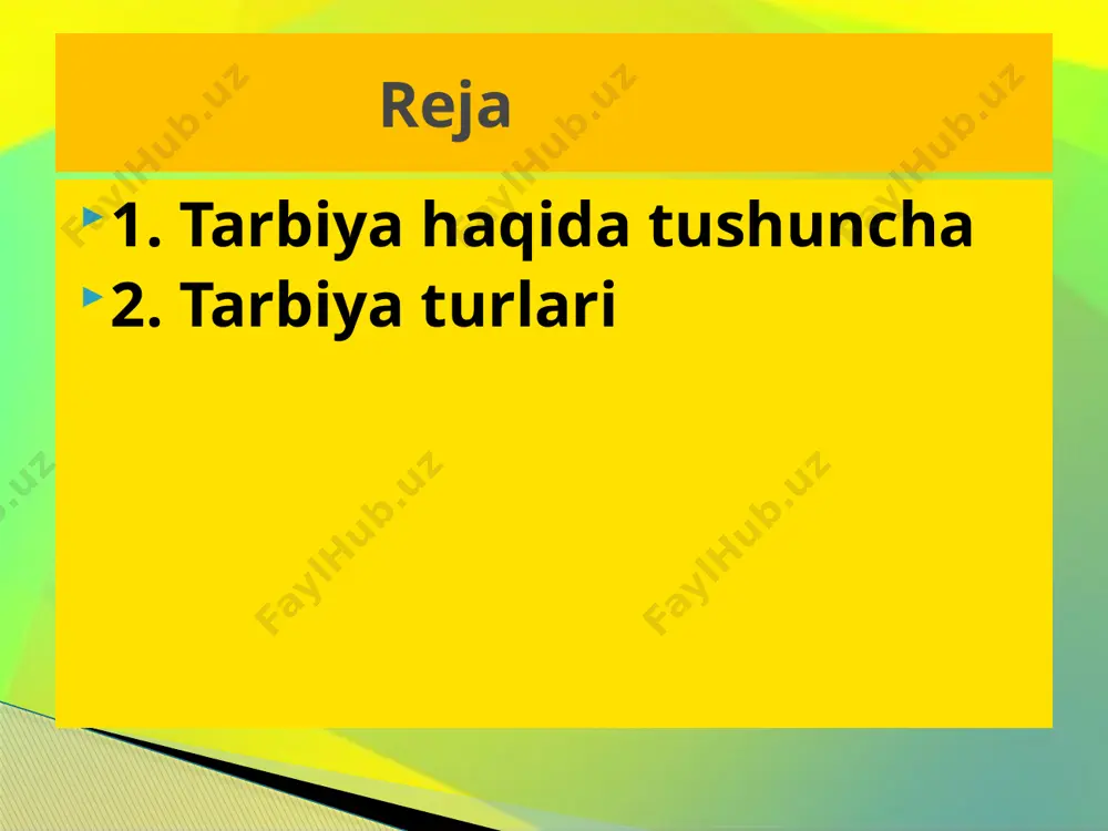 lash operatsiyalarini ratsional o‘tkazish kabi malakalarni o‘stiradi. aqliy tarbiyasi yetuk, o‘tkir zehnli, zukko va zakovatli insonlarni xalqimiz donishmand kishilar deb ataydilar. donishmandlik —bu donolik. donolik —bu insonning eng buyuk va oliyjanob fazilatidir. donolik noyob ne’matdirki, u har kimga ham nasib etavermaydi. shuning uchun bo‘lsa kerak, xalq donoligida „aql toji oltindan, oltin har kimda ham bo‘lmas“, deyiladi. 3. mehnat tarbiyasi- mehnat tarbiyasi. mehnat tarbiyasi oldida turgan asosiy vazifa o‘quvchilarga mehnat ta’limiga oid ilmiy bilimlar berish, mehnat qurollari bilan muomala qilishga o‘rgatib, hayotga, ijtimoiy foydali mehnatga tayyorlashdir. bu vazifalarni ikki turkumga ajratish mumkin. birinchidan, mehnatga bo‘lgan munosabat jarayonidagi zarur bilim va ko‘nikmalarni o‘z ichiga oladi. yoshlarda xalqi, vatani manfaati yo‘lida mehnat qilish xohishini tarbiyalab, mehnatga hayotiy zarur faoliyat deb qarashlarini tarkib toptirishga erishiladi. ikkinchidan, guruh vazifalari, mehnat faoliyatini bajarish jarayonida zarur bo‘ladigan bilimlar o‘zlashtiriladi, fan asoslari, politexnik ta’lim o‘rganiladi. mehnat tarbiyasi tushunchasi umumiy bo‘lib, bu tushuncha bir qancha xususiy tushunchalarni o‘z ichiga …