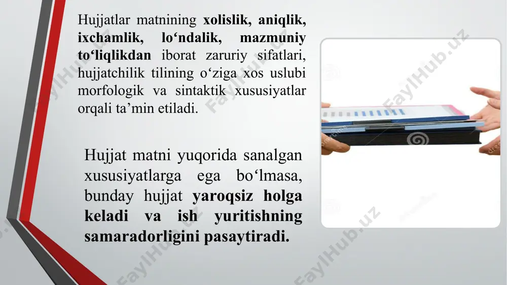 echta boʻlsa, bandlarga ajratilib, arabcha raqamlar bilan belgilanadi. buyruqdan namuna ariza tuzishda ishlatiladigan birikmalar: ruxsat berishingizni soʻrayman kiritishingizni soʻrayman qabul qilishingizni soʻrayman koʻchirishingizni soʻrayman ajratishingizni soʻrayman ozod qilishingizni soʻrayman tushuntirish xatida qoʻllanadigan birikmalar muddatida bajara olmadim kasalligim haqida ma’lumotnoma ilova qilindi dars qoldirmoq ishga kech qolmoq ob-havo qulay boʻlmagani sababli mehnat intizomini buzmoq tilimizga bee’tiborlik va hujjatlarning yaroqsizlashishi image2.jpg image3.jpg image4.jpg image5.jpg image6.jpg image7.jpeg image8.jpeg image9.jpg image10.jpg image11.jpg image12.jpg /docprops/thumbnail.jpeg