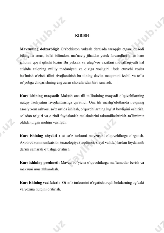 vosita ko’rganlari, radiodan eshitganlari, kitobdan bilib olganlari bilan bog’lash muhim ahamiyatga ega. o’quvchilarda kuzatish, muhim narsalarni sezish ko’nikmalarini shakllantirish, atrof-muhit haqidagi bilimlarini boyitish bilan bir vaqtda ularning nutqini o’stirish vazifasi ham amalga oshiriladi. 3 “ot” mavzusini o’rganish tizimi maqsadga yo’naltirilgan jarayon bo’lib, bunda shu so’z turkumining umumlashtirilgan ma’nosi va grammatik belgilari aniq izchillikda, bir-biri bilan ilmiy asoslangan bog’liqlikda o’rganiladi, shuningdek, otdan nutqda to’g’ri foydalanish va to’g’ri yozish malakasini shakllantirish maqsadida bajariladigan mashqlar asta murakkablashtira boriladi. til hodisasi sifatida otning xususiyatlari, uni o’rganish vazifalari, o’quvchilarning yosh xususiyatlarini hisobga olgan holda, har bir sinf uchun material hajmi, ularni o’rganish izchilligi belgilangan. 1) “ot” haqidagi grammatik tushunchani shakllantirish; 2) kim? so’rog’iga javob bo’lgan (shaxs bildirgan) otlardan nima? so’rog’iga javob bo’lgan (narsa, hayvon, jonivor va boshqalarni bildirgan) otlarni farqlash ko’nikmasini hosil qilish; 3) kishilarning familiyasi, ismi, otasining ismi, hayvonlarga qo’yilgan nomlar va geografik nomlarni bosh harf bilan yozish ko’nikmasini shakllantirish; 4) otlarda son (otning …