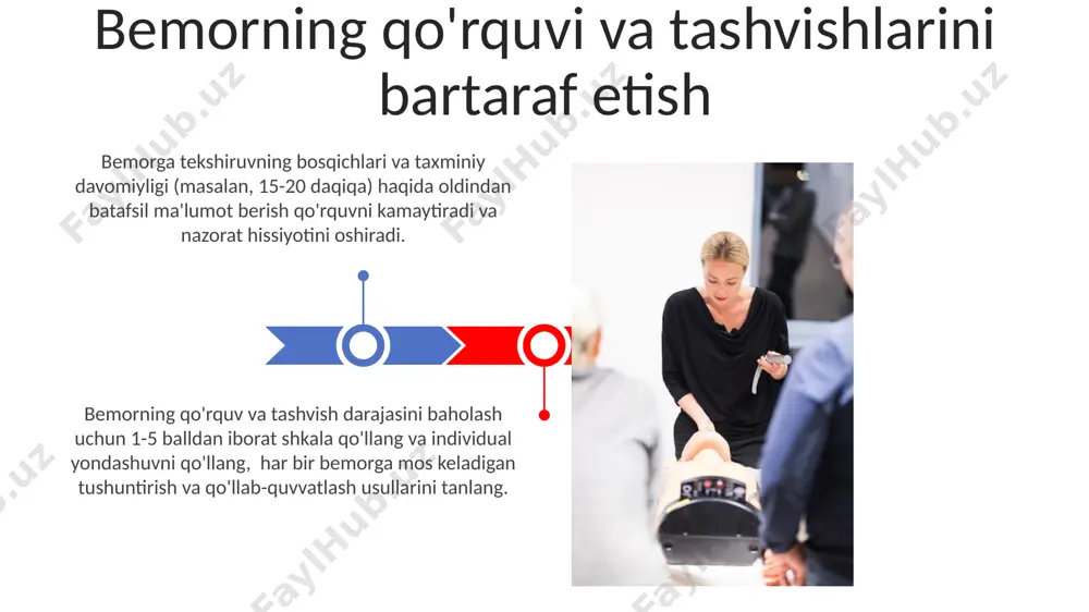 salbiy ta'sir ko'rsatishi mumkin. ba'zi tekshiruvlar uchun 8 soatlik och qolish talab etiladi, faqat suv ichishga ruxsat beriladi. bu qon tahlillari va gastroskopiya kabi protseduralar uchun muhimdir. zarur bo'lgan hujjatlar va ma'lumotlar tekshiruv uchun yo'naltirish, shifokorning tavsiyasi va bemorning shaxsiy hujjati (pasport yoki tug'ilganlik haqidagi guvohnoma) majburiy hisoblanadi. agar bemor 18 yoshdan kichik bo'lsa, ota-onasining yoki vasiysining yozma roziligi va pasport nusxasi taqdim etilishi kerak. tana tozaligi va gigiena tekshiruvdan oldin metall buyumlarni, soch qisqichlarini va boshqa potensial aralashuvchi buyumlarni olib tashlash muhim ahamiyatga ega. ba'zi tekshiruvlar uchun bemorga maxsus parhez, 8-12 soat davomida ovqat yemay turish kabi tayyorgarlik ko'rsatmalari berilishi mumkin. mumkin bo'lgan yon ta'sirlar haqida ma'lumot rentgen tekshiruvida ionlashtiruvchi nurlanish ta'sirida kamdan-kam hollarda, taxminan 0,1% hollarda, uzun muddatli ta'sir natijasida genetik o'zgarishlar xavfi mavjud. magnit-rezonans tomografiya (mrt) tekshiruvi paytida ba'zi bemorlarda yopiq joy qo'rqinchisi (klaustrofobiya) kuchayishi mumkin, bu esa 20% hollarda tekshiruvning to'xtatilishiga olib kelishi mumkin. tekshiruv joyiga …