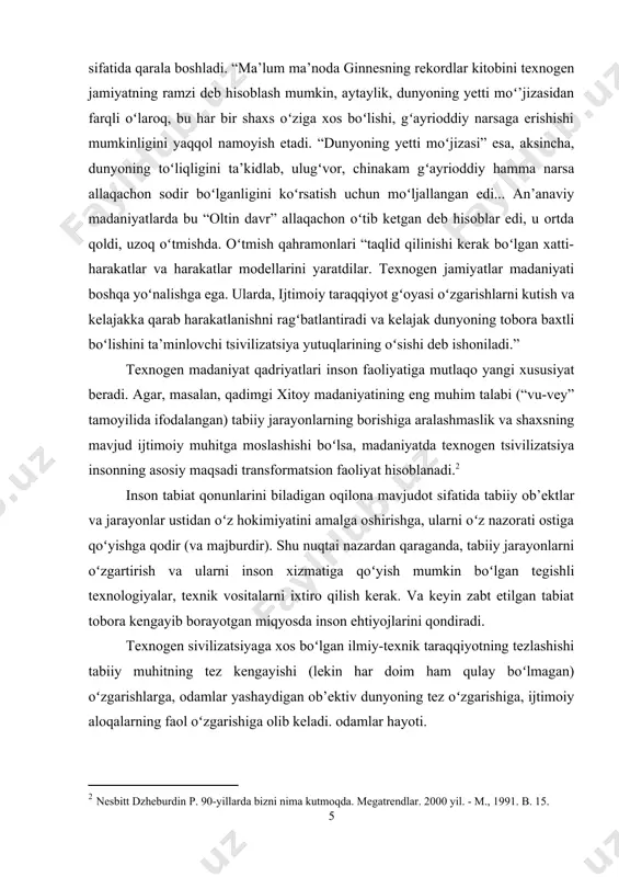 zgarishiga, ijtimoiy aloqalarning faol oʻzgarishiga olib keladi. odamlar hayoti. soʻnggi 400 yil davomida mavjud boʻlgan texnogen tsivilizatsiya nafaqat juda harakatchan va dinamik, balki juda agressiv boʻlib chiqdi. u an’anaviy jamiyatlar va ularning madaniyatlarini bostirib, oʻzlashtira boshladi. bugungi kunda bu jarayon (globallashuv deb ataladi) butun dunyoda sodir boʻlmoqda. texnogen tsivilizatsiya bilan toʻqnashuvlar natijasida an’anaviy jamiyatlar yoʻq qilinadi va koʻplab madaniy an’analar yoʻq qilinadi. an’anaviy madaniyatlar ilmiy va texnologik modernizatsiya bosimi ostida ijtimoiy hayotning chetiga suriladi. buni global modernizatsiya jarayoniga jalb qilingan osiyo, afrika va janubiy amerikaning koʻplab xalqlari misolida koʻrish mumkin. birinchi sivilizatsiyalarning paydo boʻlishidan oldin neolit ​​inqilobi sodir boʻlgan. ortiqcha mahsulot mavjudligi oziq-ovqat ishlab chiqarishdan ozod boʻlgan turli ma’muriy funktsiyalarni bajargan odamlarni qoʻllab-quvvatlash imkonini berdi. boshqacha qilib aytganda, yangi ishlab chiqarish imkoniyatlari negizida jamiyatdan yuqori ijtimoiy tuzilmalar va siyosiy boshqaruvning ilk shakllari bilan tsivilizatsiyaning dastlabki markazlari vujudga keldi. iqtisodiyotning yangi shakllariga oʻtish madaniyat, turmush tarzi va ma’naviy sohada tub oʻzgarishlarga …